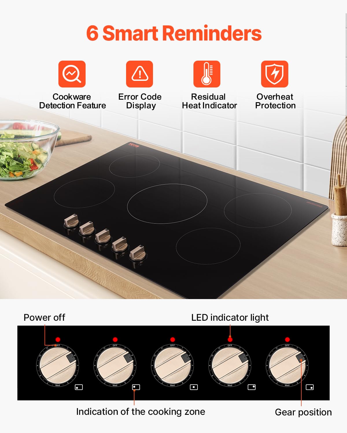 VEVOR Built-in Induction Electric Stove Top 30 Inch,5 Burners Electric Cooktop,9 Power Levels & Sensor Touch Control,Easy to Clean Ceramic Glass Surface,Child Safety Lock,240V