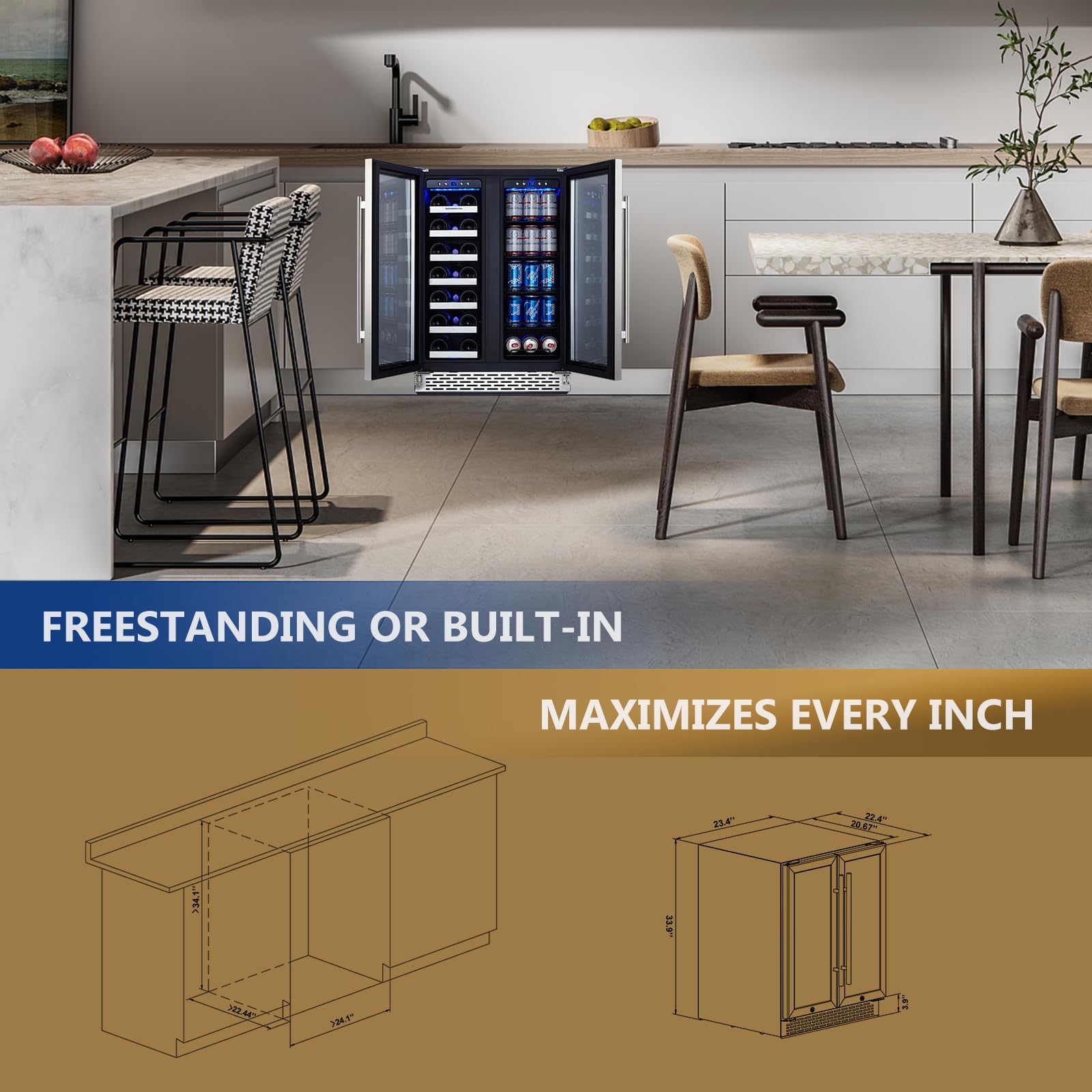 Phiestina Beverage Fridge, 24 Inch Wine and Beverage Refrigerator, Under Counter Wine Cooler- 20 Bottles & 76 Cans, Built-in/Freestanding Dual Zone with Glass Door