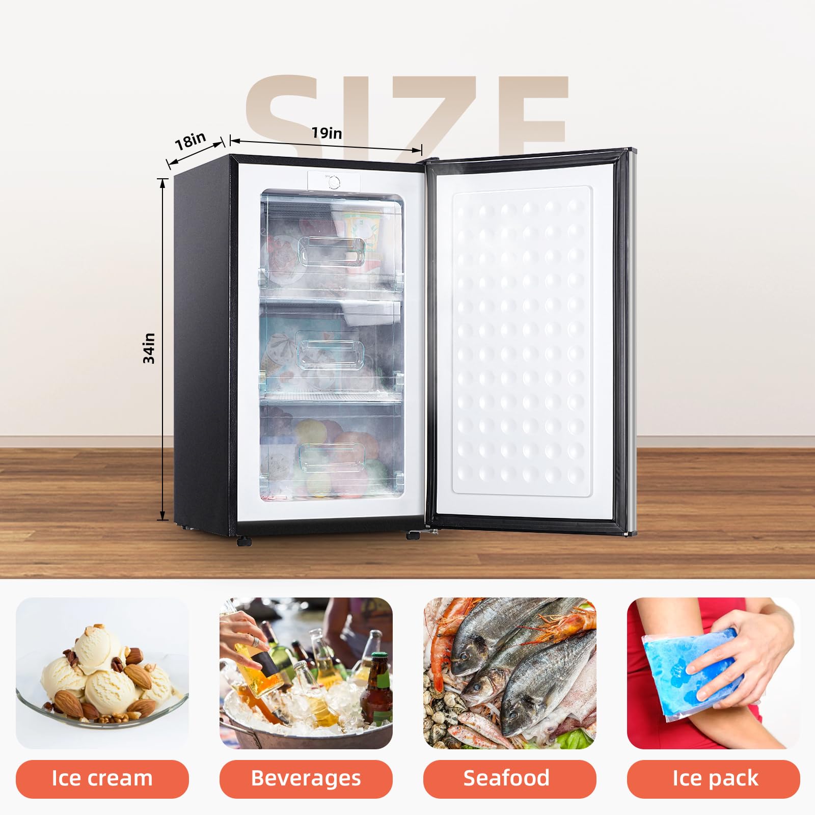 Mini Upright freezer 3.6 Cubic Feet Mini Freezer, Single Door Compact Freezer with Reversible Stainless Steel Door, 3-Speed Temperature Adjustment Small freezer for Home, Glossy Silver