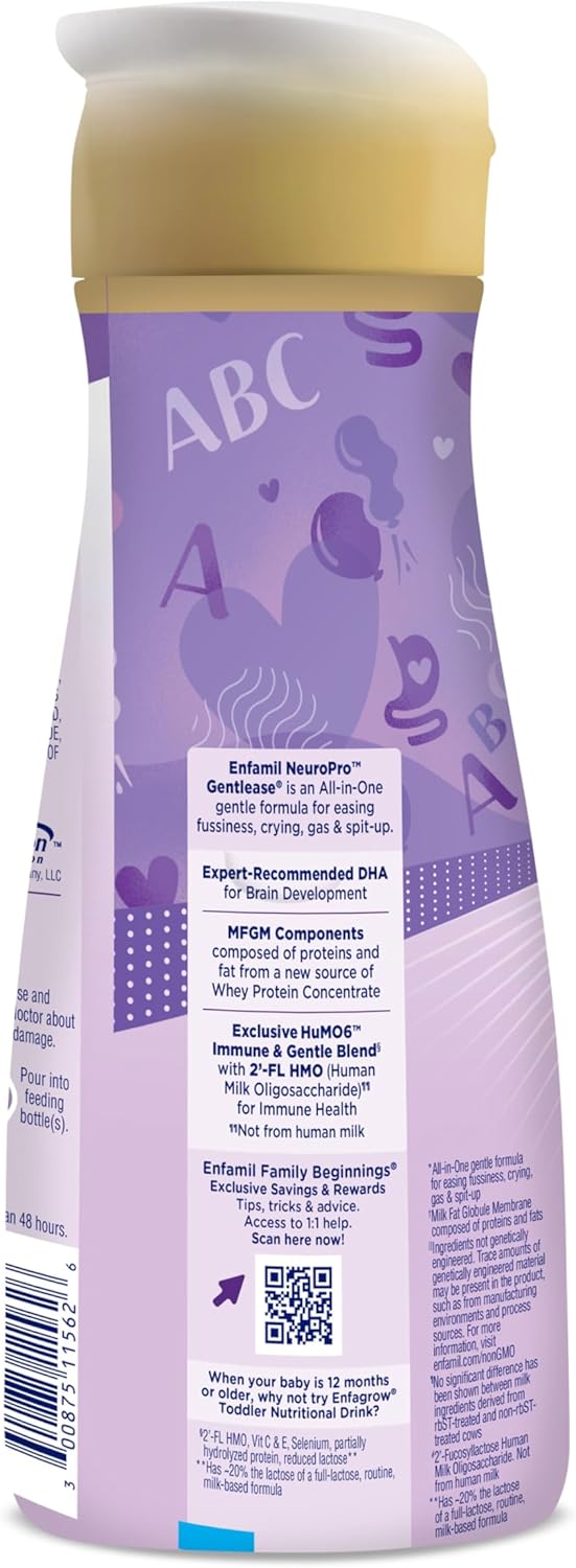 Enfamil NeuroPro Gentlease Ready-to-Feed with Smaller Proteins for Easy Digestion, Brain Supporting DHA, Prebiotic, HuMO6* Blend, Baby Formula for easing Fussiness, Crying, Gas, Spit-up in 24hrs, 32 Fl Oz,Liquid, Pack of 6