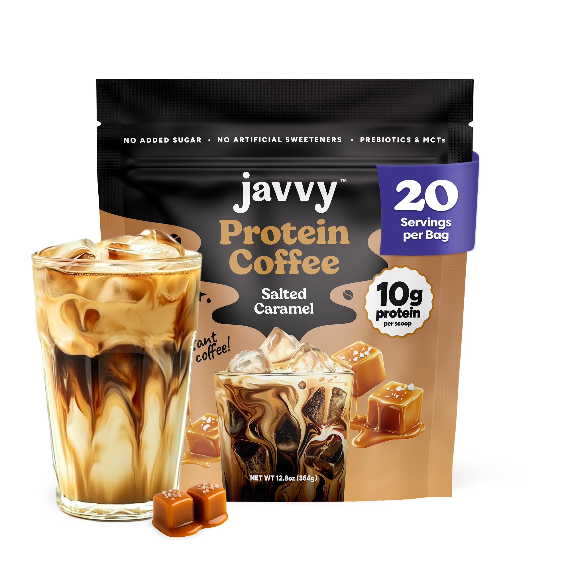 Caramel Protein Iced Coffee - Premium Whey Protein & Instant Iced Coffees - 100% Natural Cold Brew - Zero Artificial Flavors & Sweeteners, 80 mg Caffeine Per Serving, No Added Sugar, 20 Servings