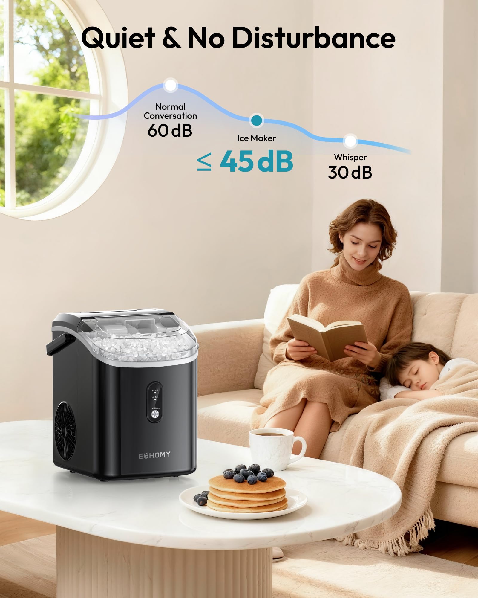 EUHOMY Nugget Ice Maker Countertop with Handle, Ready in 6 Mins, 34lbs Per Day, Removable Top Cover, Auto-Cleaning, Portable Sonic Ice Maker with Basket and Scoop, for Home/Party/RV/Camping (Black)