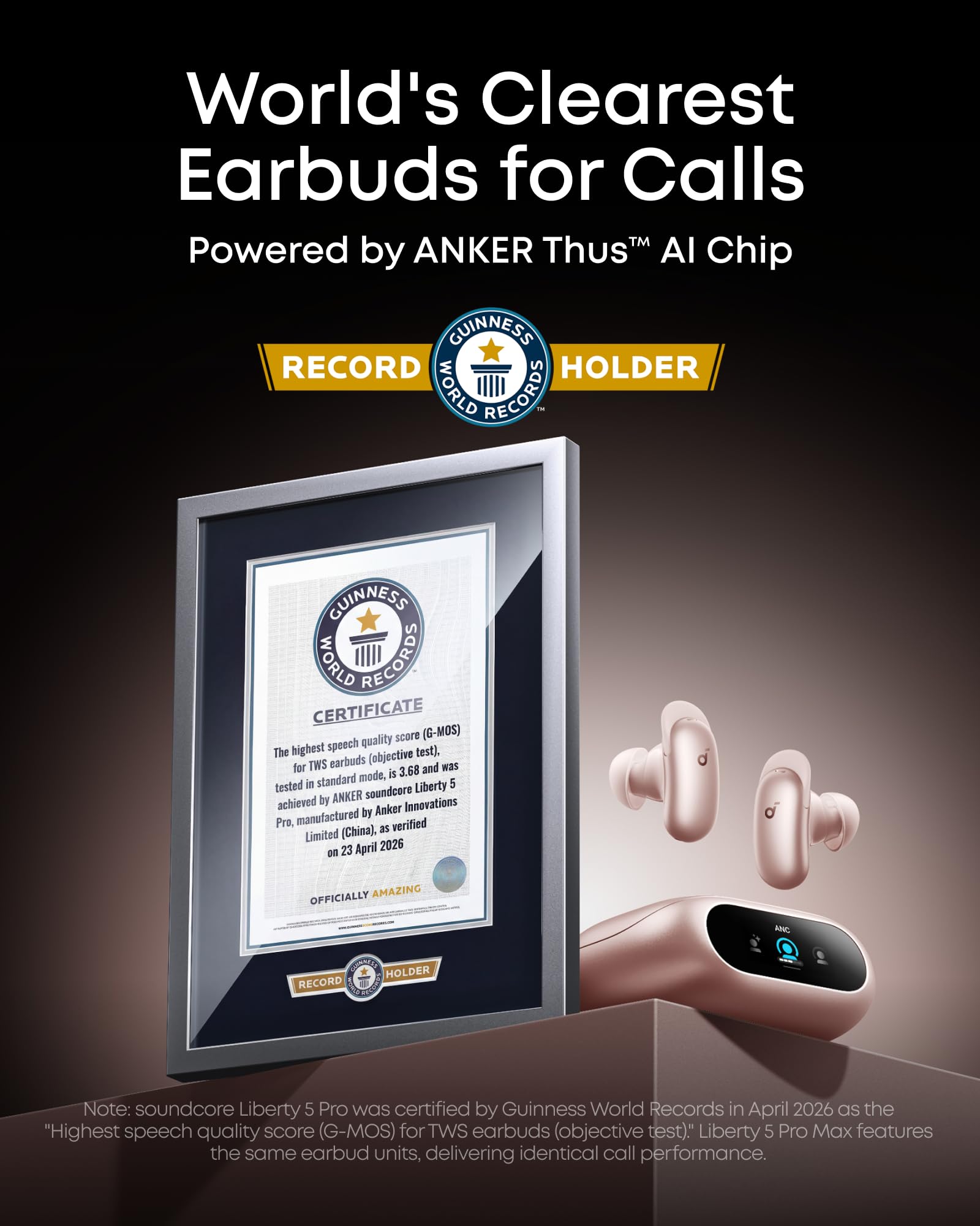 Soundcore Liberty 5 Pro,Guinness World Records-Certified Call Quality,Anker Thus™ AI Chip,Active Noise Cancelling Wireless Earbuds,Crystal-Clear Calls for Commute,Noisy Environments
