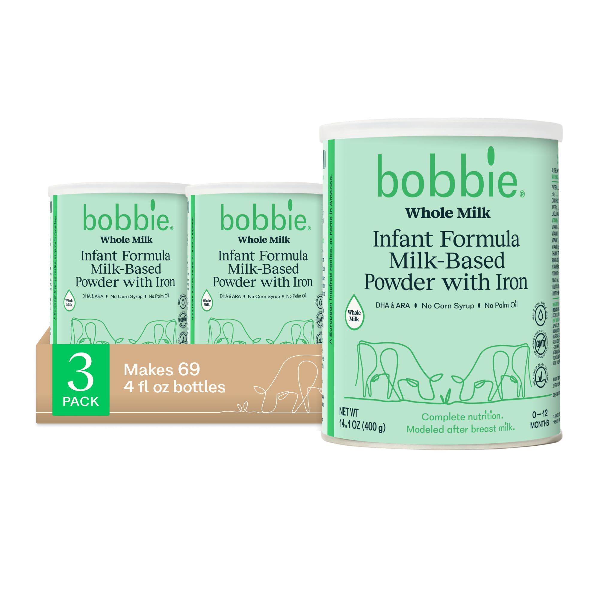 Bobbie Whole Milk, Grass Fed Baby Formula with Iron, Plant Based DHA and ARA, Vitamin D and Protein Blend Modeled After Breast Milk, For Newborn Baby to 12 Month Old, 14.1 oz