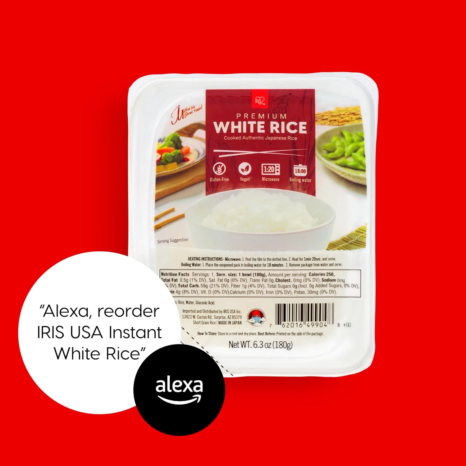 IRIS Instant White Rice (24 Pack), Ultra Premium Japanese Short Grain Sushi Sticky Rice, Microwave for 80 seconds, Non-GMO Gluten Free Vegan, Grown Polished and Packed in Japan