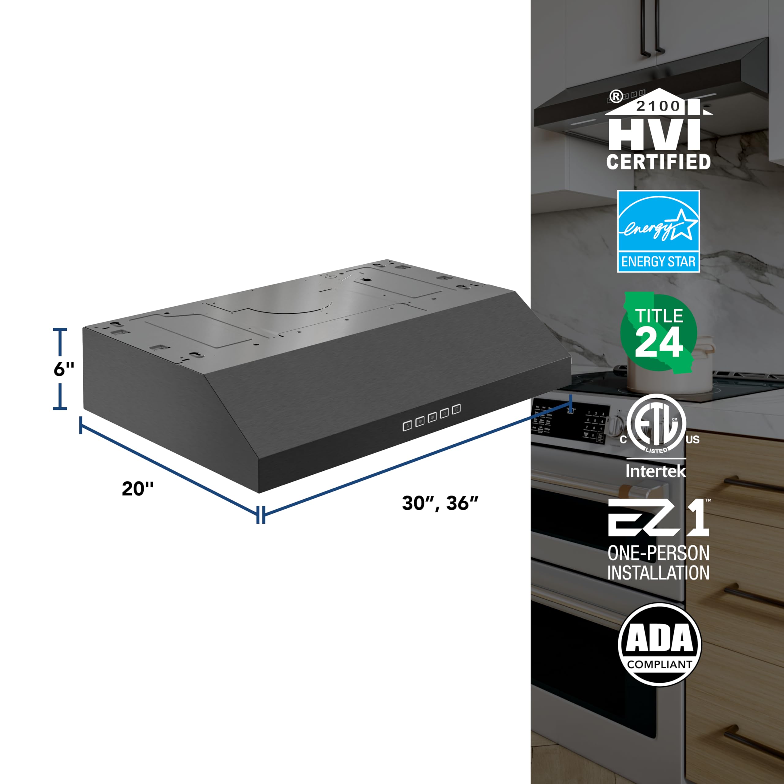 Broan-NuTone BCSQ130SS Three-Speed Glacier Under-Cabinet Range Hood with LED Lights ADA Capable, 1.5 Sones, 375 Max Blower CFM, 30-Inch, Stainless Steel
