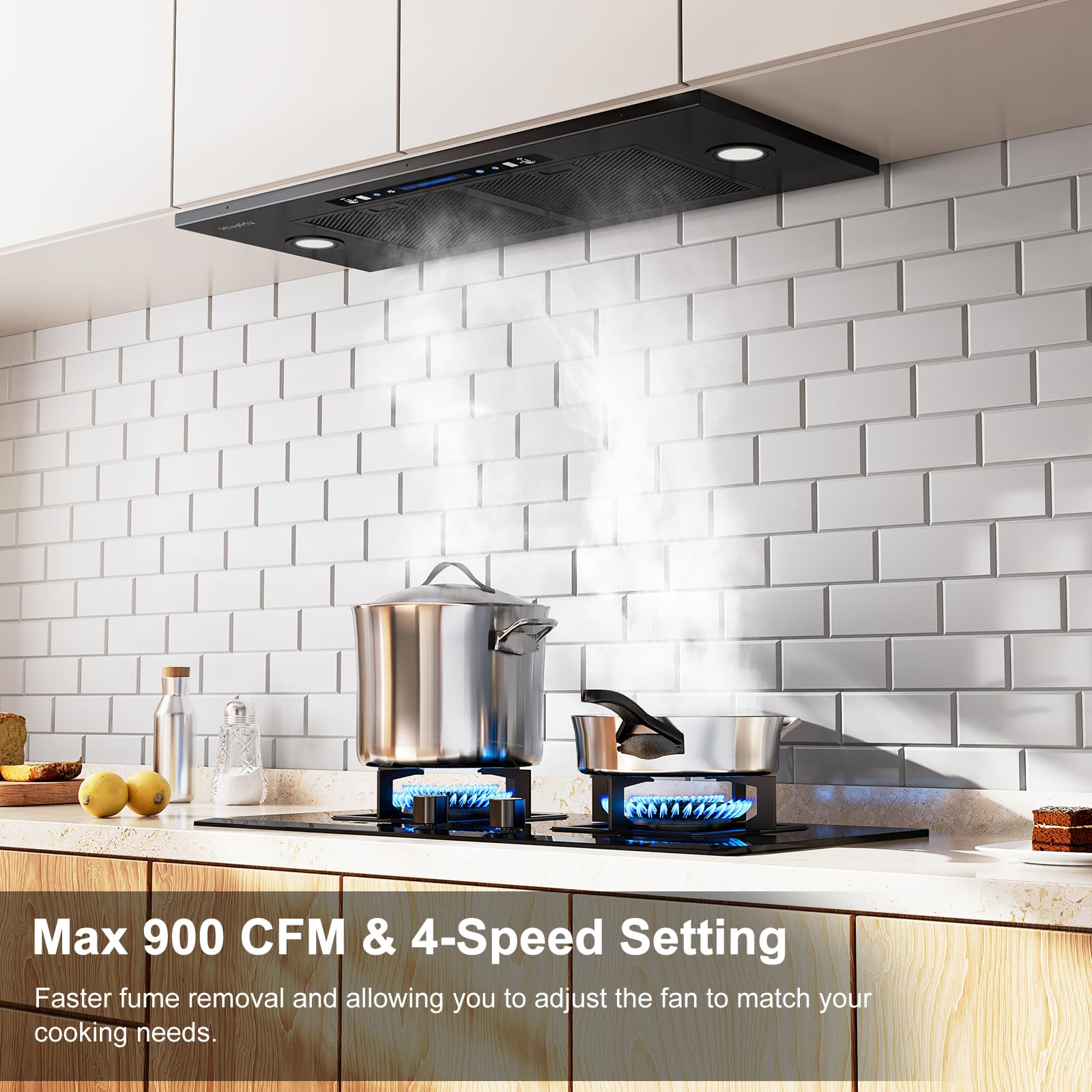 HisoHu 30 Inch Under Ducted Cabinet Range Hood with 1200 CFM, 4 Speed Gesture Sensing Kitchen Exhaust Hood & Touch Control Panel, Stainless Steel Stove Vent Hood with 2 LED Lights