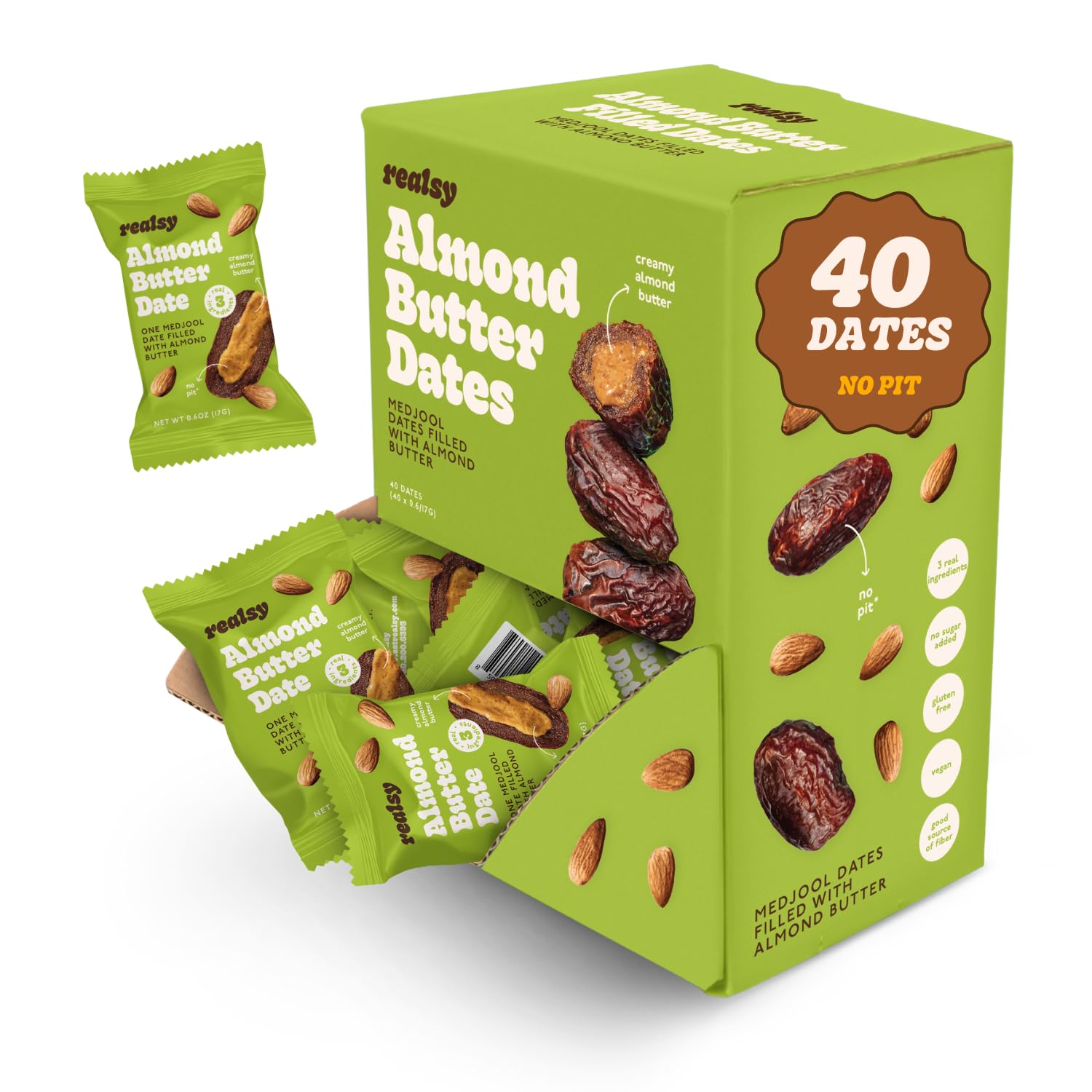 Realsy Stuffed Medjool Dates, Organic Dates with No Sugar Added, Gluten-Free, Vegan, All Natural Healthy Snack, Single Wrapped (40 ct) (Peanut Butter)