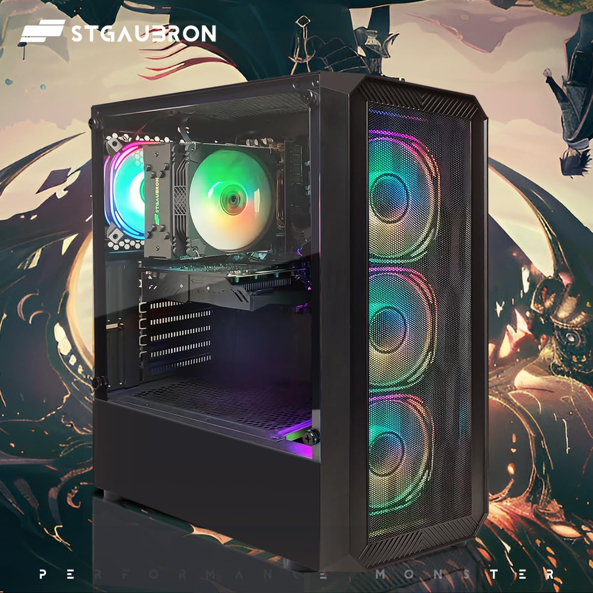 STGAubron Prebuilt Gaming PC Desktop, Radeon RX 550 4G, Intel Core i5 up to 3.6GHz, 16G RAM, 512G SSD, WiFi 6, BT 5.0, RGB Fan x2, Windows 11 Home