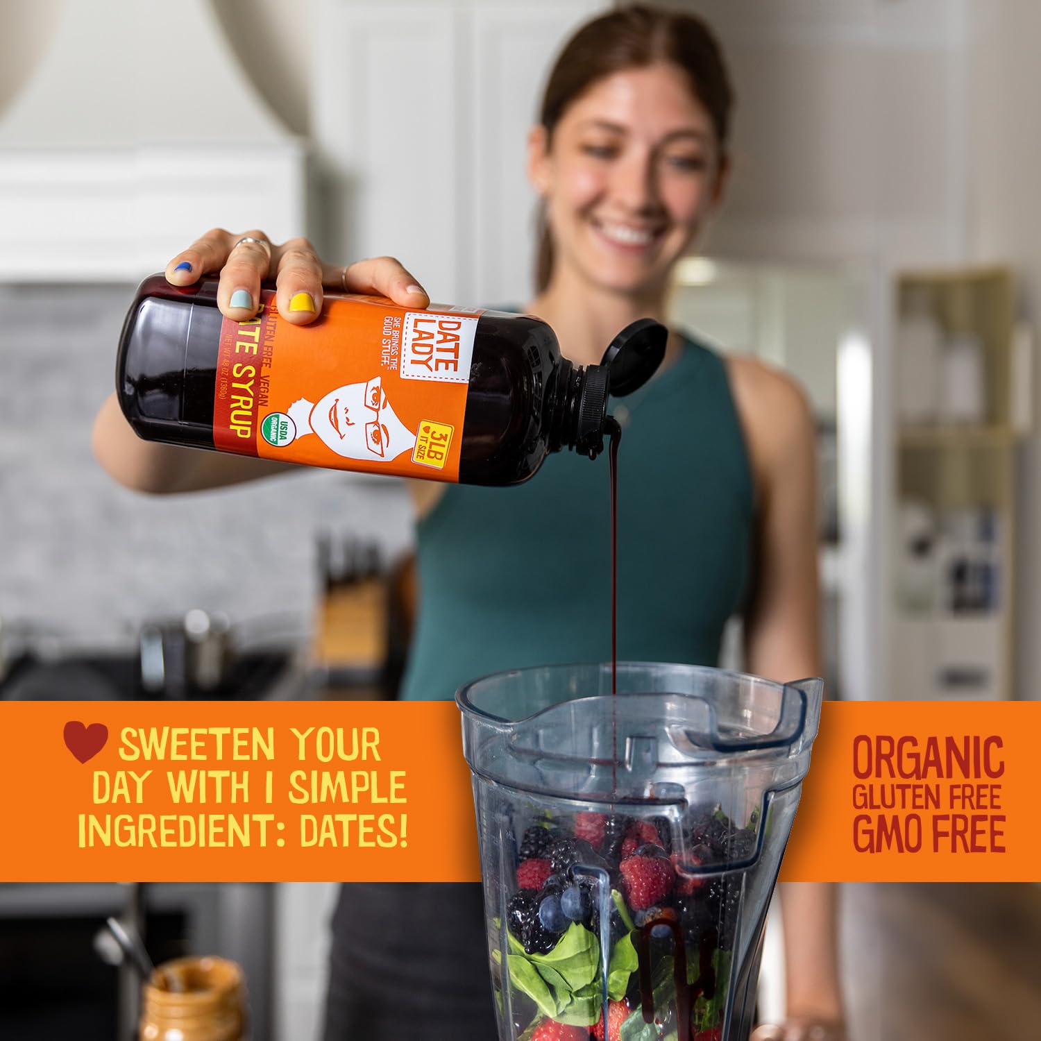 Date Lady Date Syrup 12 oz Squeeze Bottle | Organic, Vegan, Paleo, Gluten-free & Kosher (3-Pack) Sugar Substitute | More Nutrition Than Maple Syrup or Honey