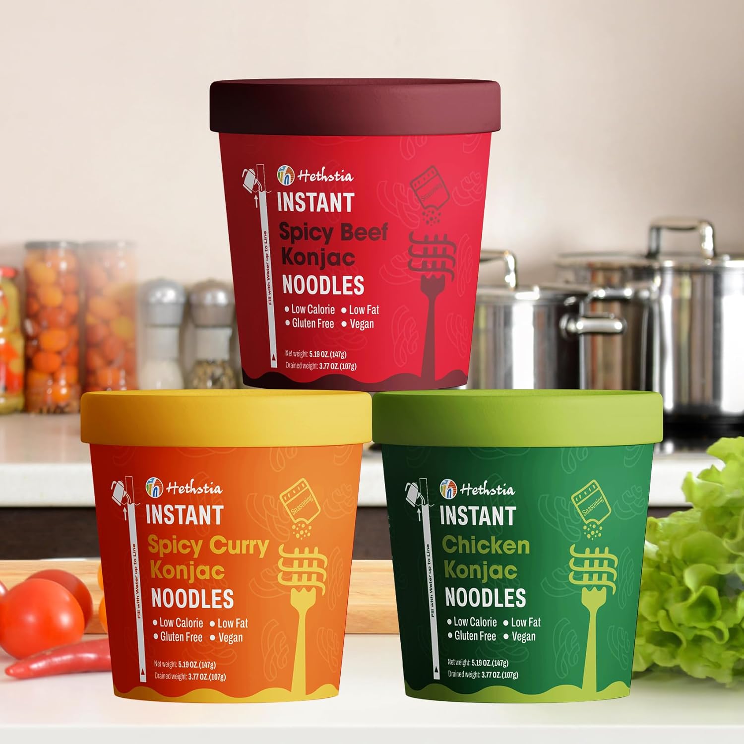 Hethstia Konjac Noodle, 6-Pack Pre-cooked Low Carb Shirataki Pho Soup Variety Flavor (Chicken, Spicy Curry, Spicy Beef)- Low-Calorie, Sugar-Free, Vegan, Gluten-Free, 34.32oz Keto-Friendly Asian Meal
