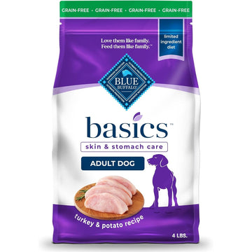 Blue Buffalo Basics Grain-Free Adult Dry Dog Food, Skin & Stomach Care, Limited Ingredient Diet for Dogs, Turkey Recipe, 4-lb. Bag