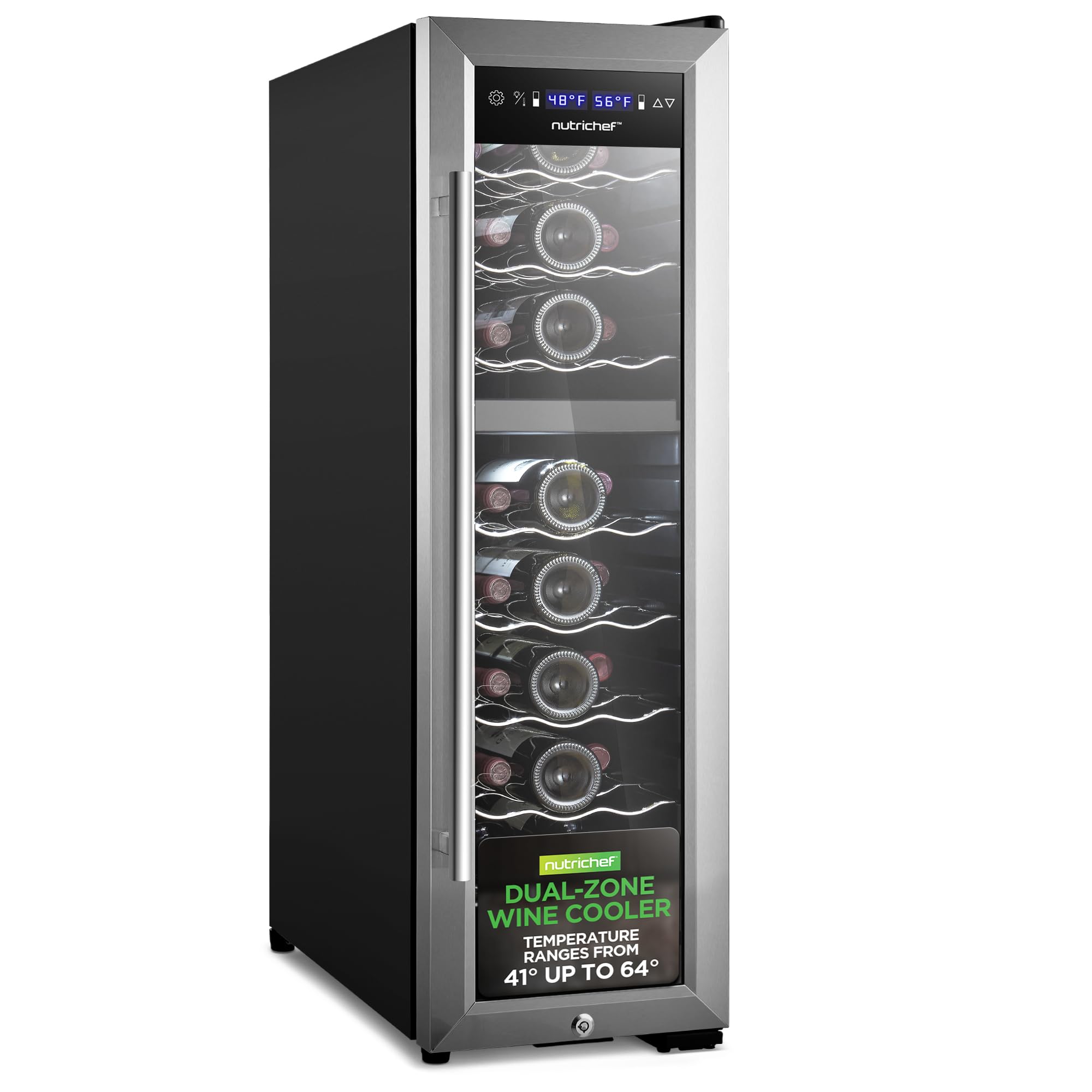 Nutrichef 12 Bottle Stainless Steel Slim Wine Fridge | Red & White Wine Chiller | Adjustable Temperature Control, Ultra Quiet Operation & Energy Efficient | Mini Wine Cooler Refrigerator | 31x10x17 IN