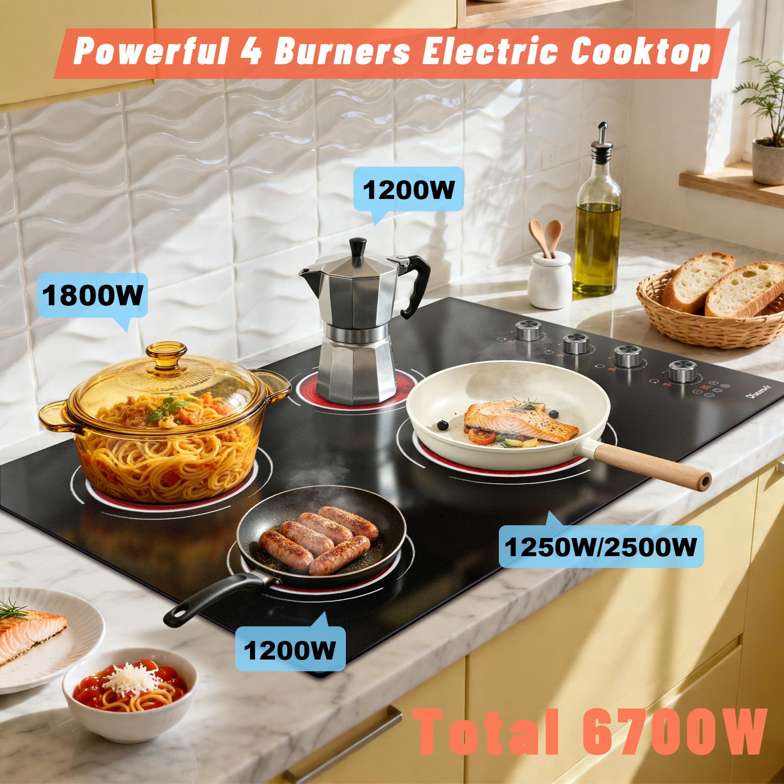 Disaenvir 29.13 Inch (Cut-out Size: 29.13"x19.3") Electric Cooktop - 30 Inch 9000W Powerful 5 Burner Electric Stovetop, Built-in Ceramic Stove 30“, Timer, Safety Lock, Pause, 240V Hard Wired (No Plug)