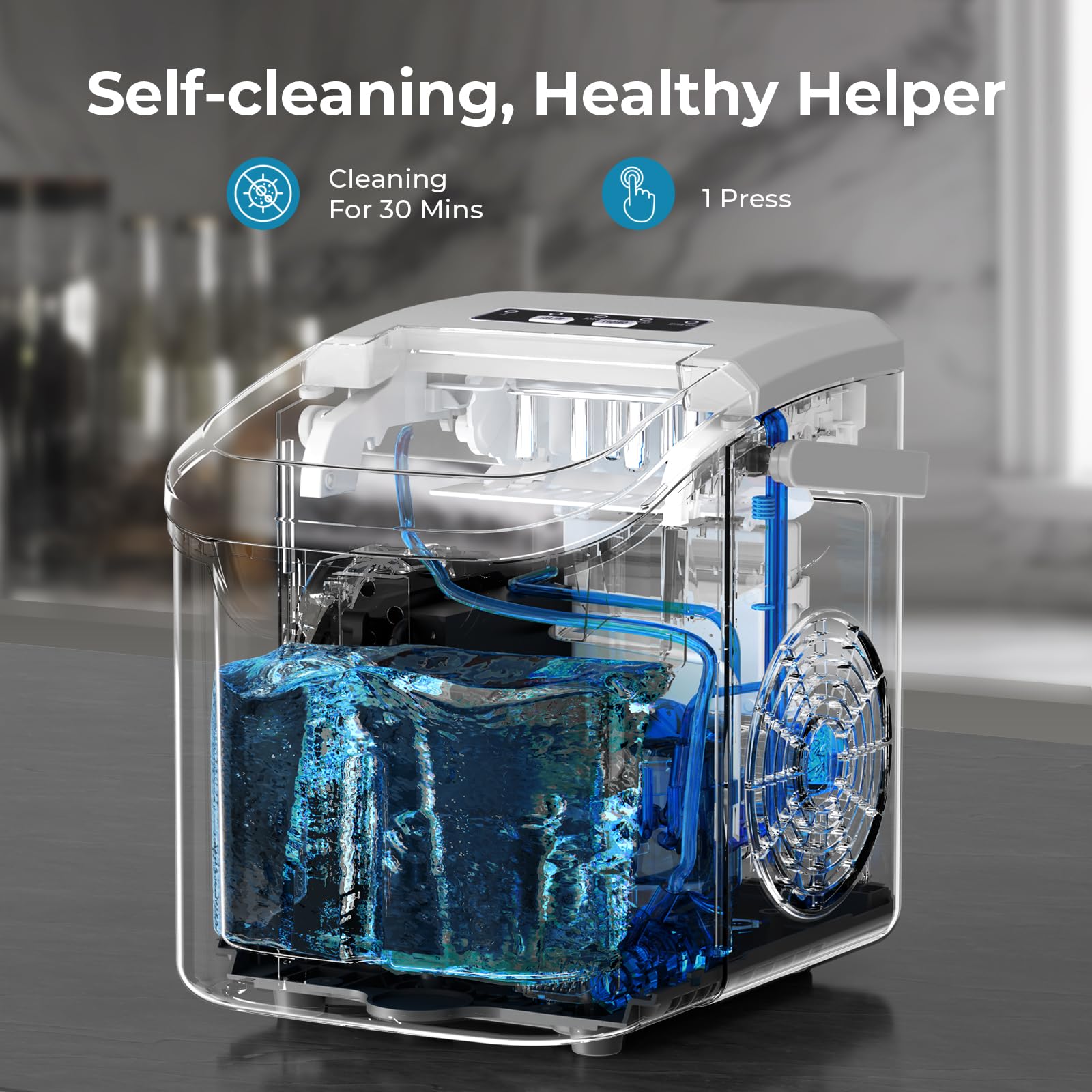 Countertop Ice Maker Machine, 8 Ice Cubes in 6 mins, 26lb/Day Ice with 2 Sizes- Portable Mini, Energy Saving & Basket/Scoop for Home/Party/Travel/Camping/Bar,Black