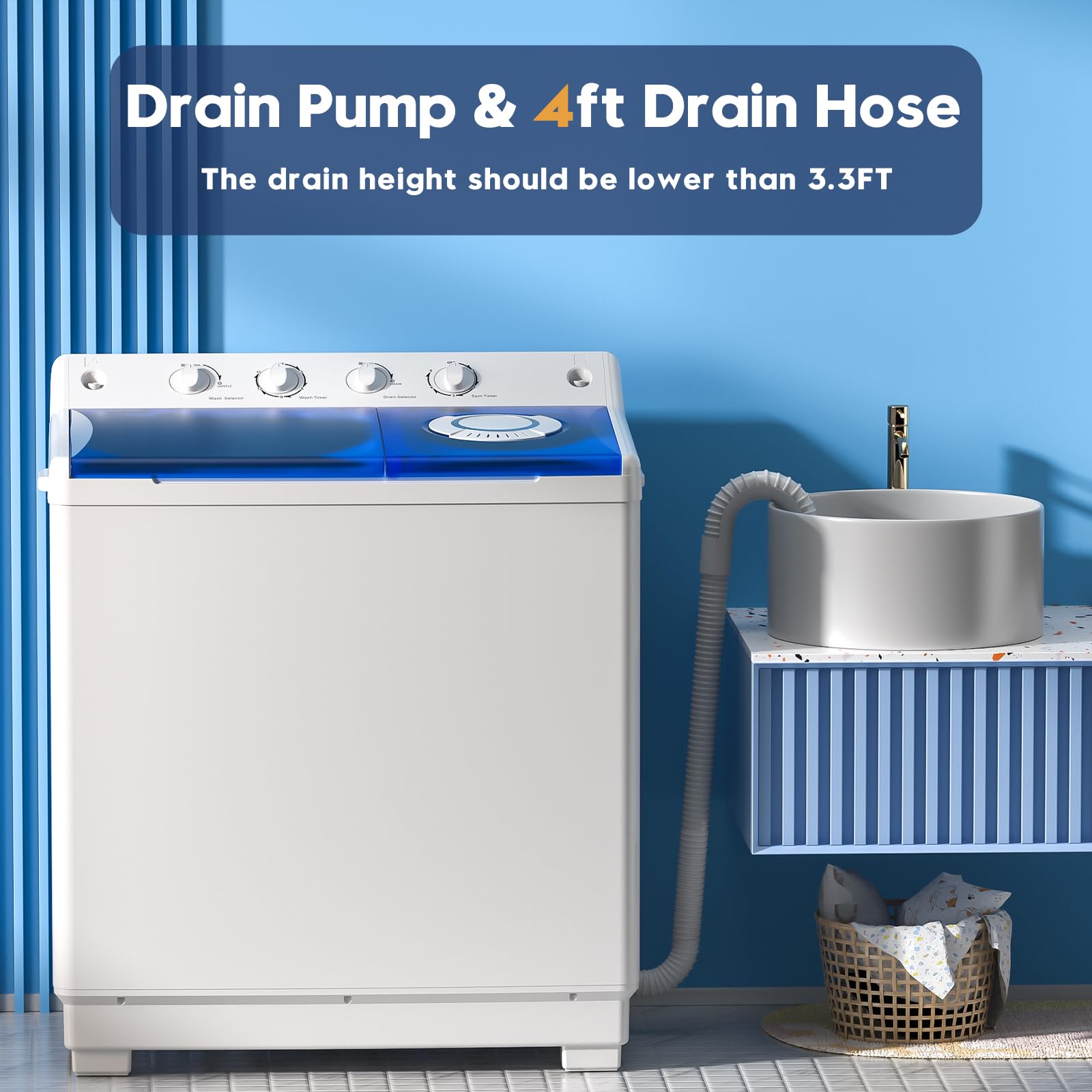 Auertech Portable Washing Machine, 28lbs Twin Tub Washer Mini Compact Laundry Machine with Drain Pump, Semi-automatic 18lbs Washer 10lbs Spinner Combo for Dorms, Apartments, RVs