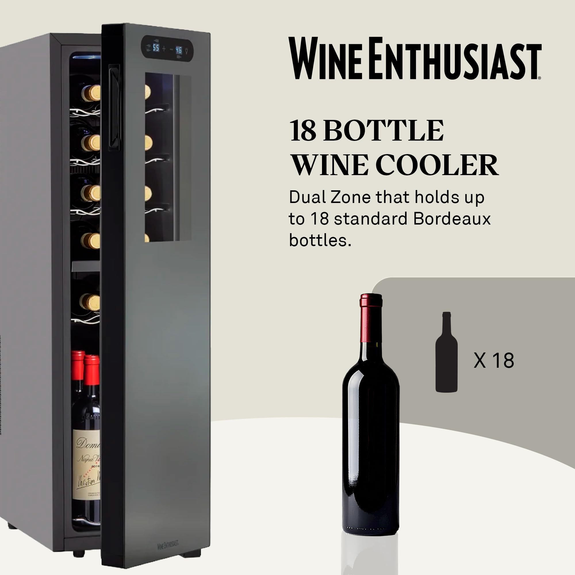 Wine Enthusiast 18-Bottle Slimline Dual Zone Wine Cooler - Energy Efficient Freestanding Wine Refrigerator - Upright Bottle Storage, Adjustable Thermostat, Digital Touchscreen (20.5” x 10.7" x 36.8”)