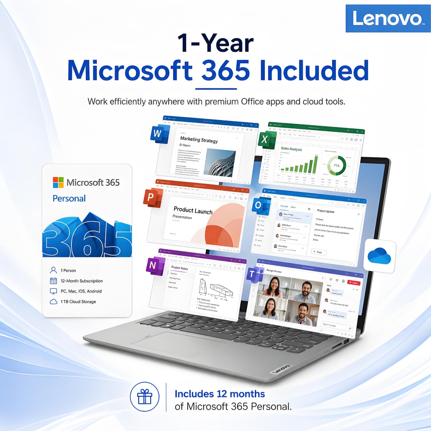 Lenovo IdeaPad Laptop with Microsoft 365 Office, 8GB RAM, 256GB SSD, 11 Hour Battery, Intel High Performance CPU, SD-Card Reader, Webcam, USB-C, HDMI,Ultra-Quiet Design, Windows 11