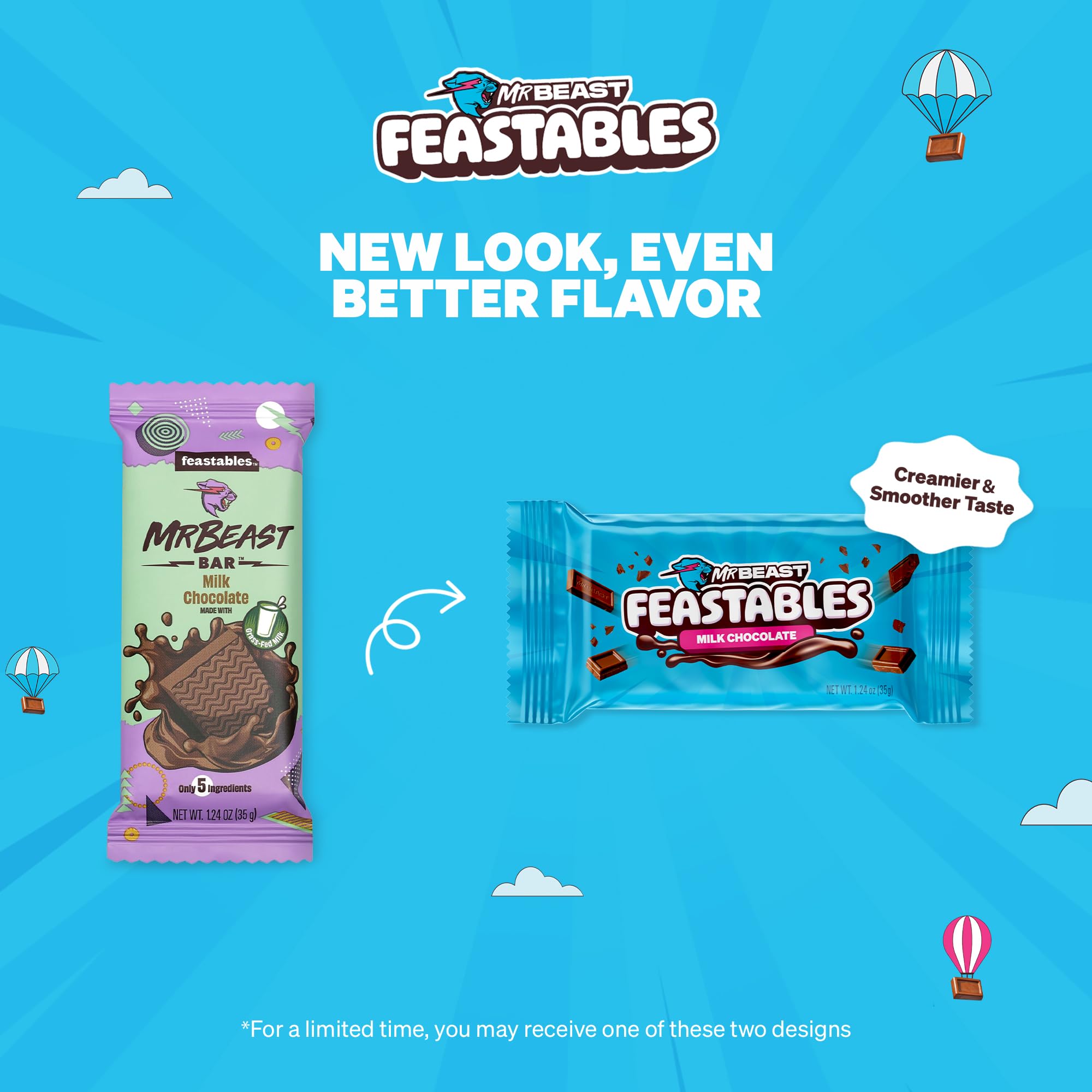 Feastables MrBeast Milk Chocolate Chocolate Bar, Full Size Bar for Adults & Kids, Candy Bars, Snacks, Gifts, or Dessert, Sweet & Creamy Fairtrade Cocoa, 1.24 Oz Each, 24 Count