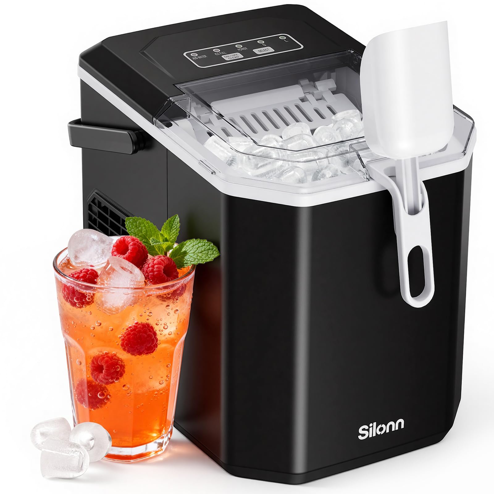 Silonn Ice Maker Countertop, Portable Ice Machine with Carry Handle, Self-Cleaning Ice Makers with Basket and Scoop, 9 Cubes in 6 Mins, 26 lbs per Day, Ideal for Home, Kitchen, Camping, RV