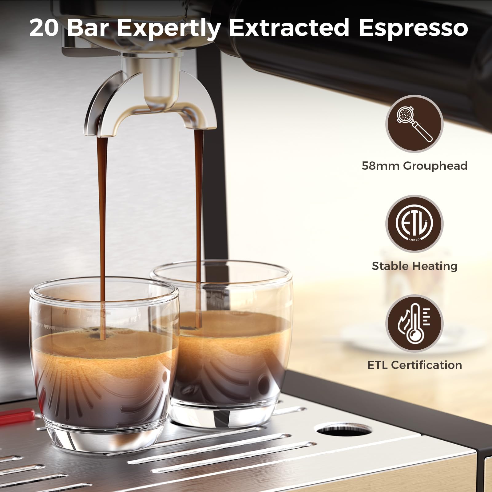 COWSAR 20 Bar Espresso Machine with Grinder & Milk Frother Steam Wand, 58mm Expresso Coffee machines, Commercial Stainless Steel Coffee Maker for Cappuccino and Latte, Perfect for Home Café-Pro