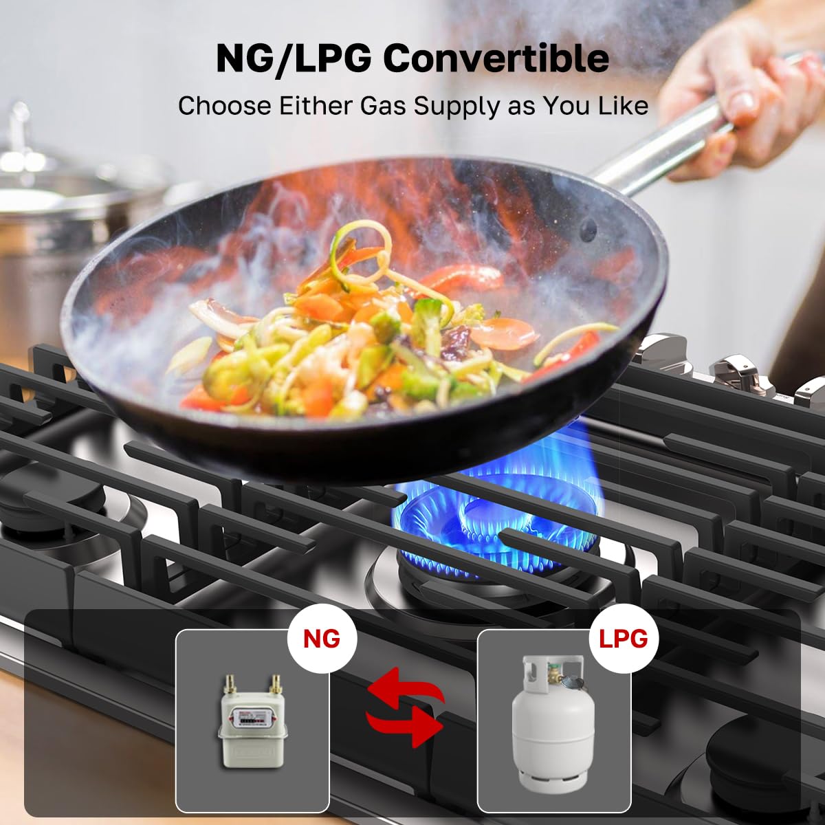 ThermoMate Heavy 36 Inch Gas Cooktop with 5 Italy Sabaf Power Burners, Built In Stove Top of 304 Stainless Steel, Gas Hob NG/LPG Convertible, Cooker with Thermocouple Protection CSA Certified