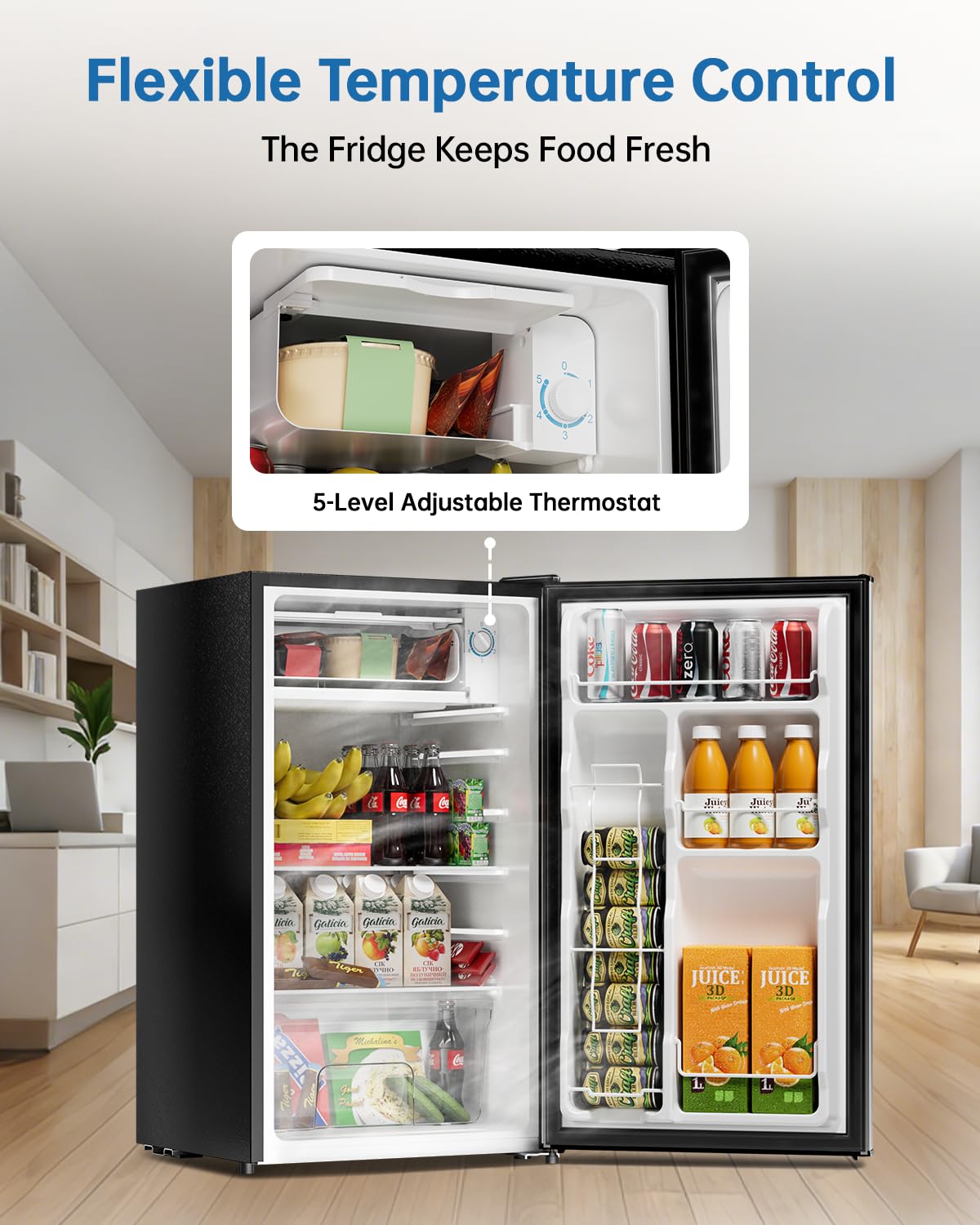 Frostorm 3.2 Cu Ft Mini Fridge with Freezer - Energy Efficient, Large Capacity Single Door Upright Freezer for Bedroom, Office & Dorm | Small Fridge, Reversible Door, ETL Certified(Black)