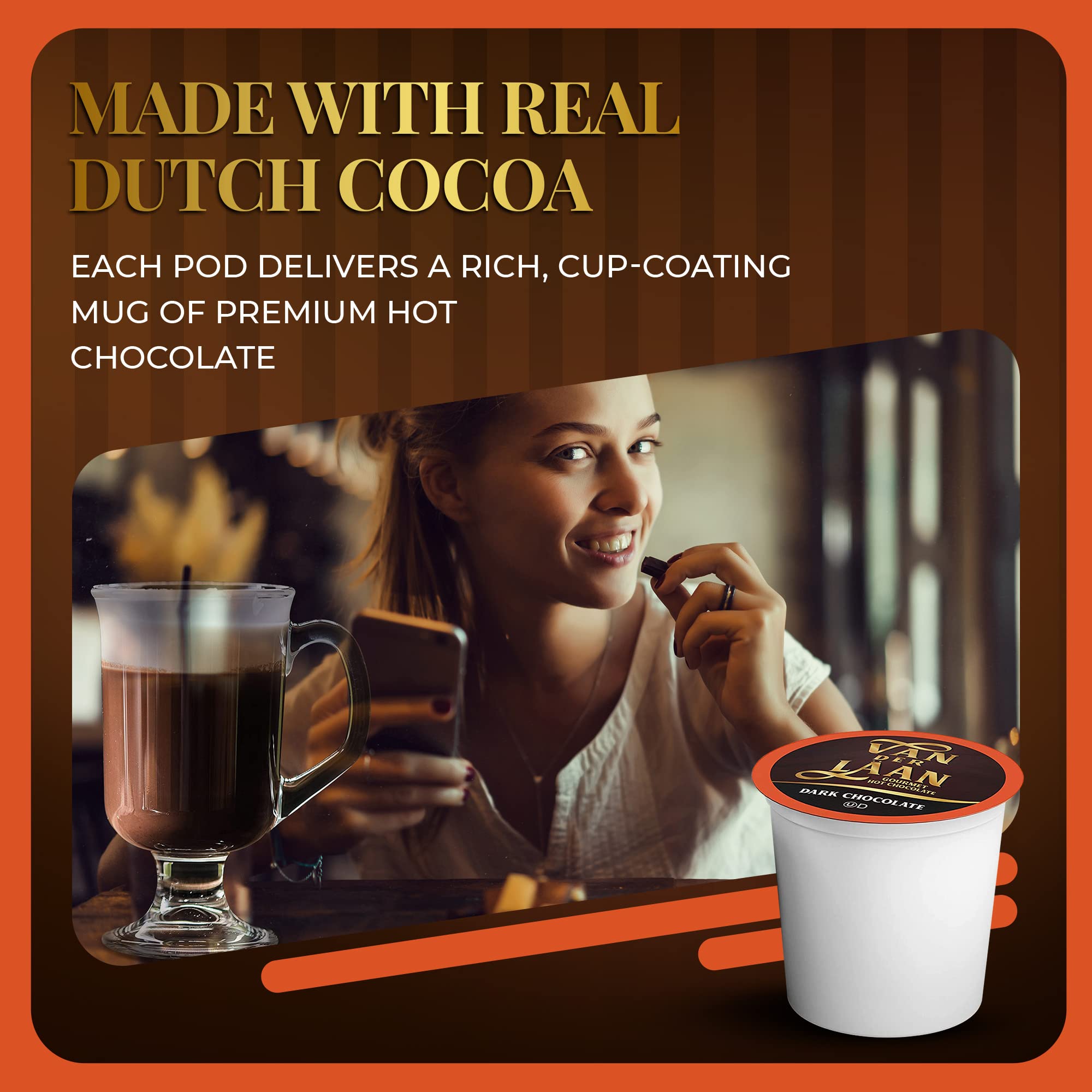 Van Der Laan Chocolate Hot Cocoa Pods, Dark Chocolate Gourmet Dutch Chocolate Compatible with K Cup Brewers Including 2.0, 40 Count