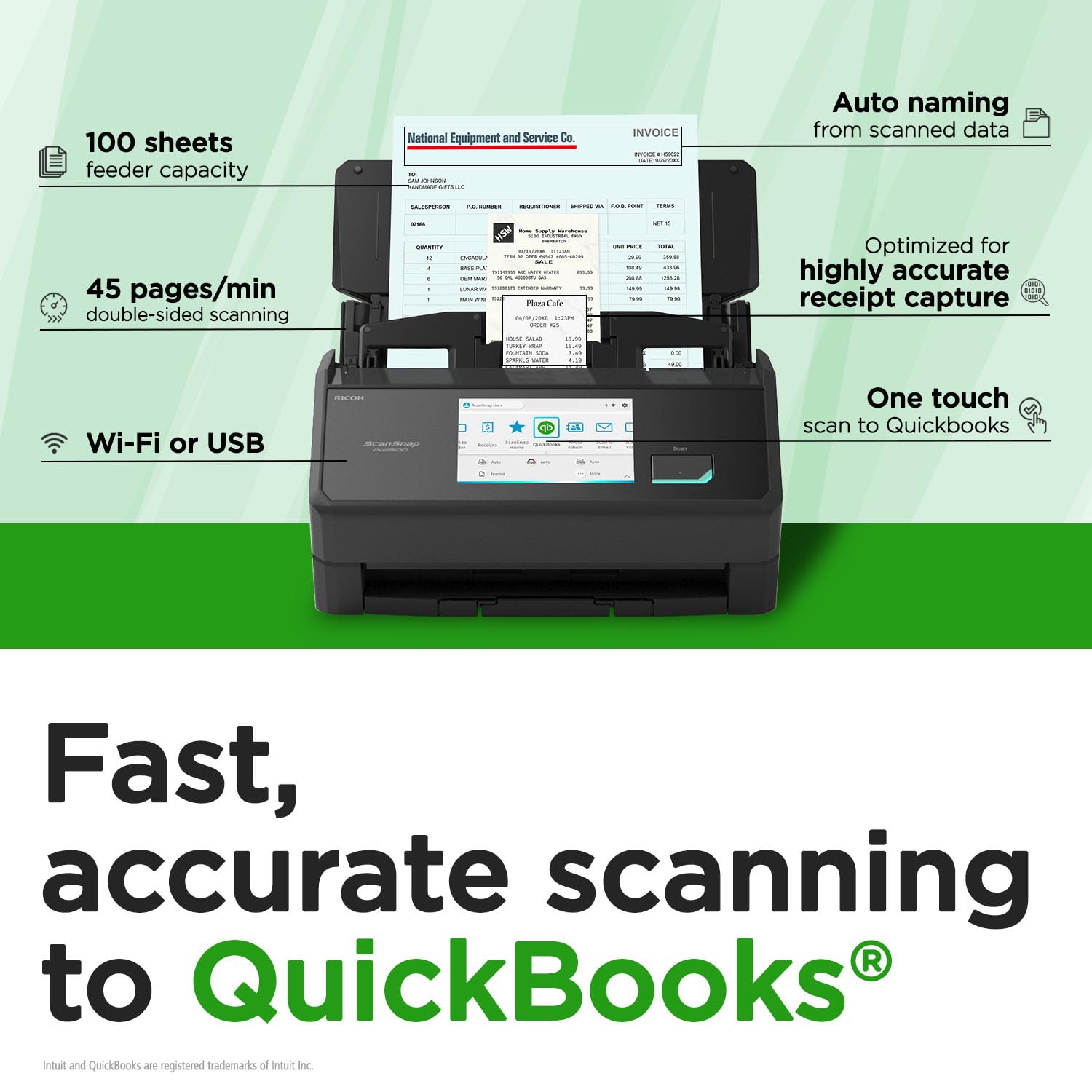 ScanSnap iX2500 Wireless or USB High-Speed Cloud Enabled Document, Photo & Receipt Scanner with Large 5" Touchscreen and 100 Page Auto Document Feeder for Mac or PC, Black