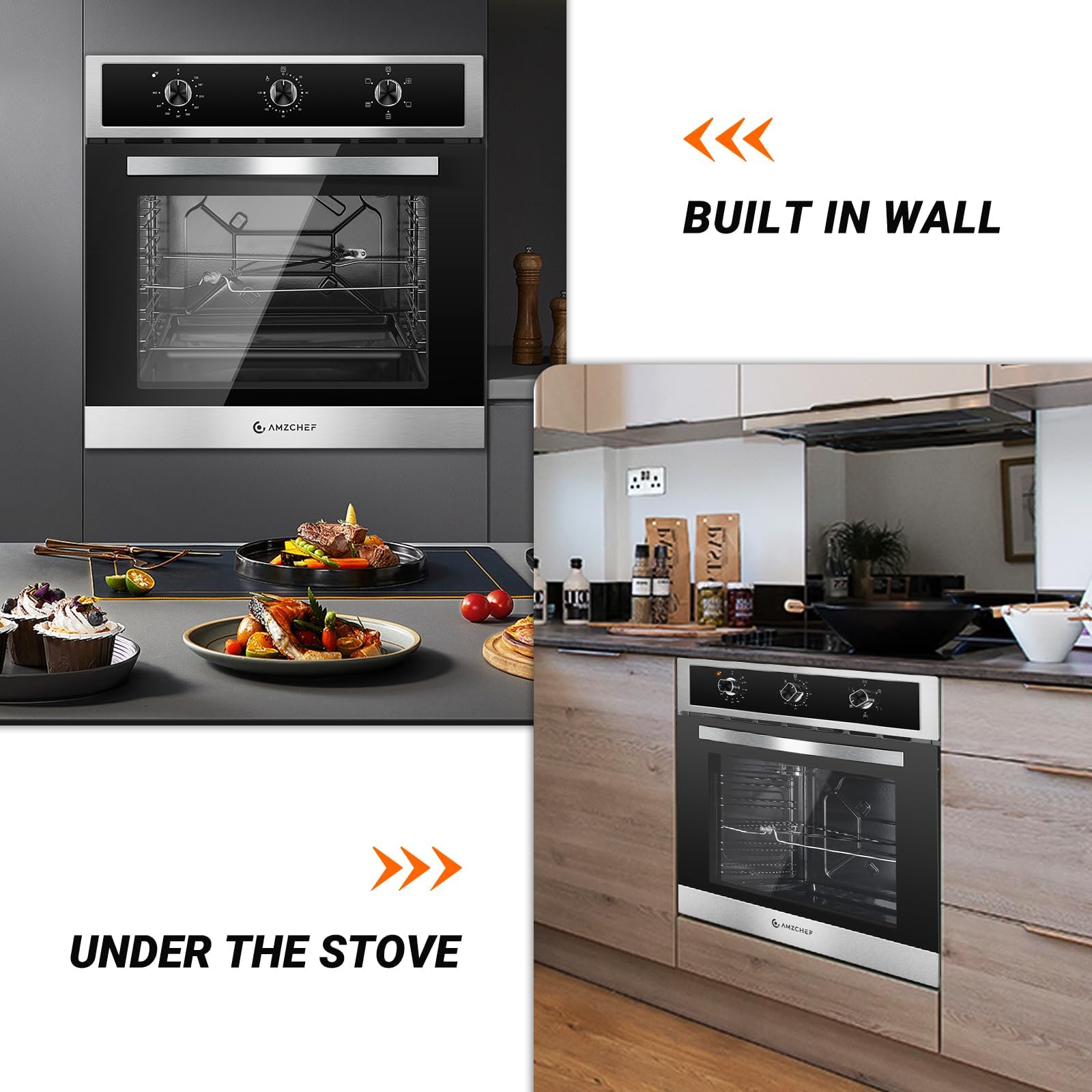 24" Single Wall Oven for Kitchen: 2200W Built-in Electric Wall Oven with Mechanical Knobs Control, 2.65 Cu.ft. Stainless Steel Wall Oven with 5 Cooking Modes, 360° ROTATING ROTISSERIE, Timer