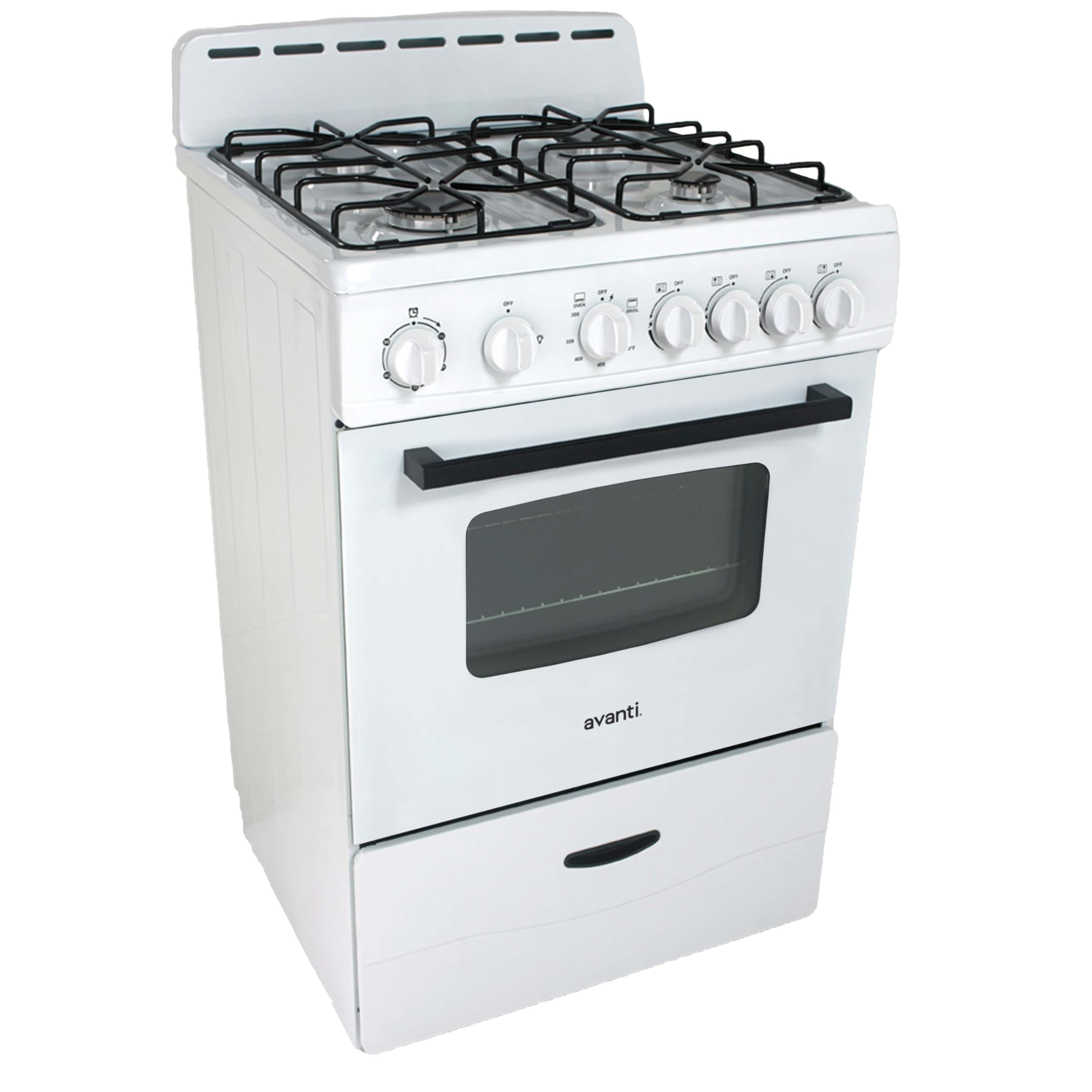 Avanti Compact Gas Range Oven 24-Inch with 4 Sealed Burners Automatic Electronic Ignition Large 2.6 cu.ft. Oven Storage Drawer Glass Door and Oven Light, in Stainless Steel