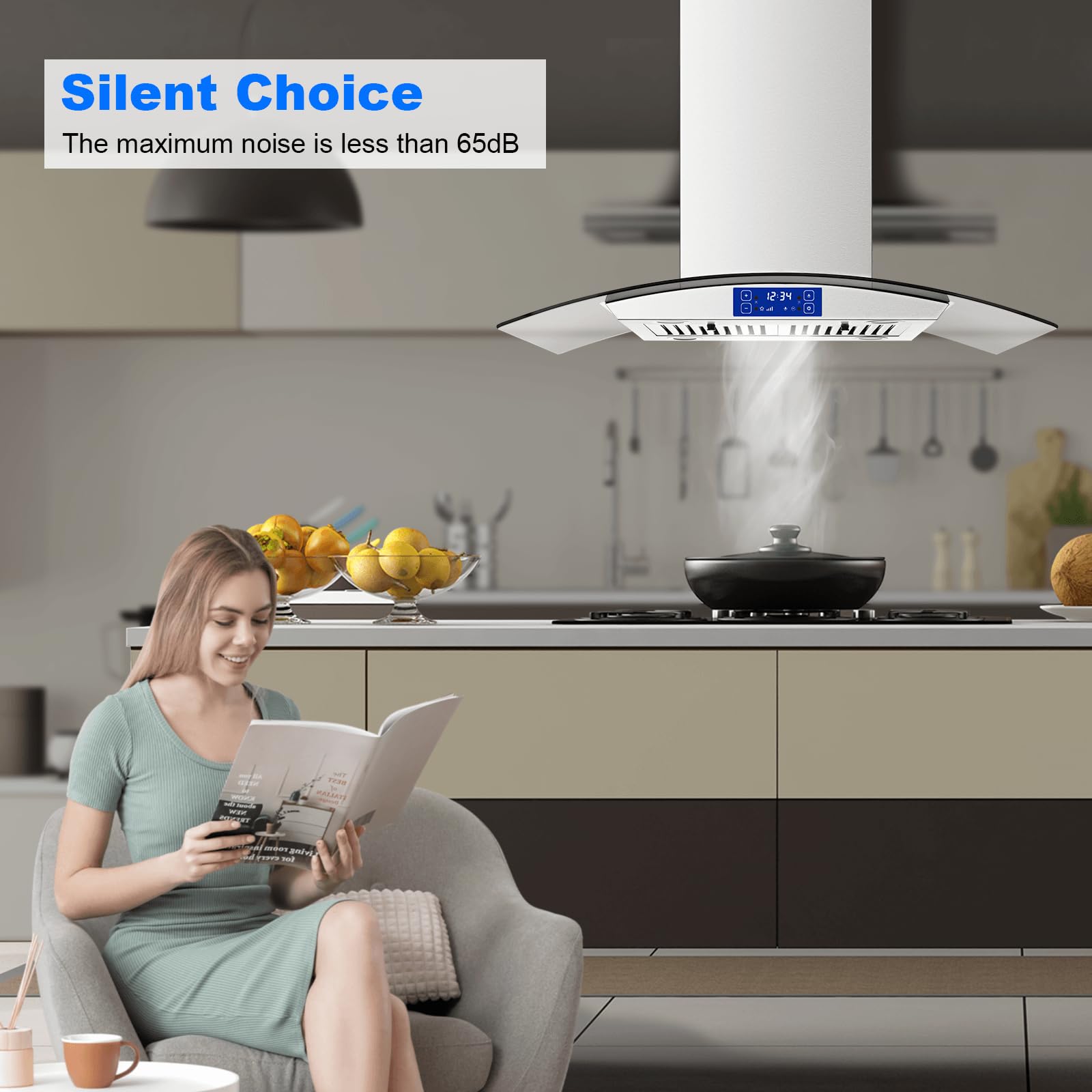 JOEAONZ Island Range Hood 30 Inch 700 CFM Gesture & Touch Control Ceiling Mount Stainless Steel Kitchen Vent Hood, Kitchen Exhaust Hood, Ducted/Ductless Convertible 3-speed Ventilation Fan Switchable