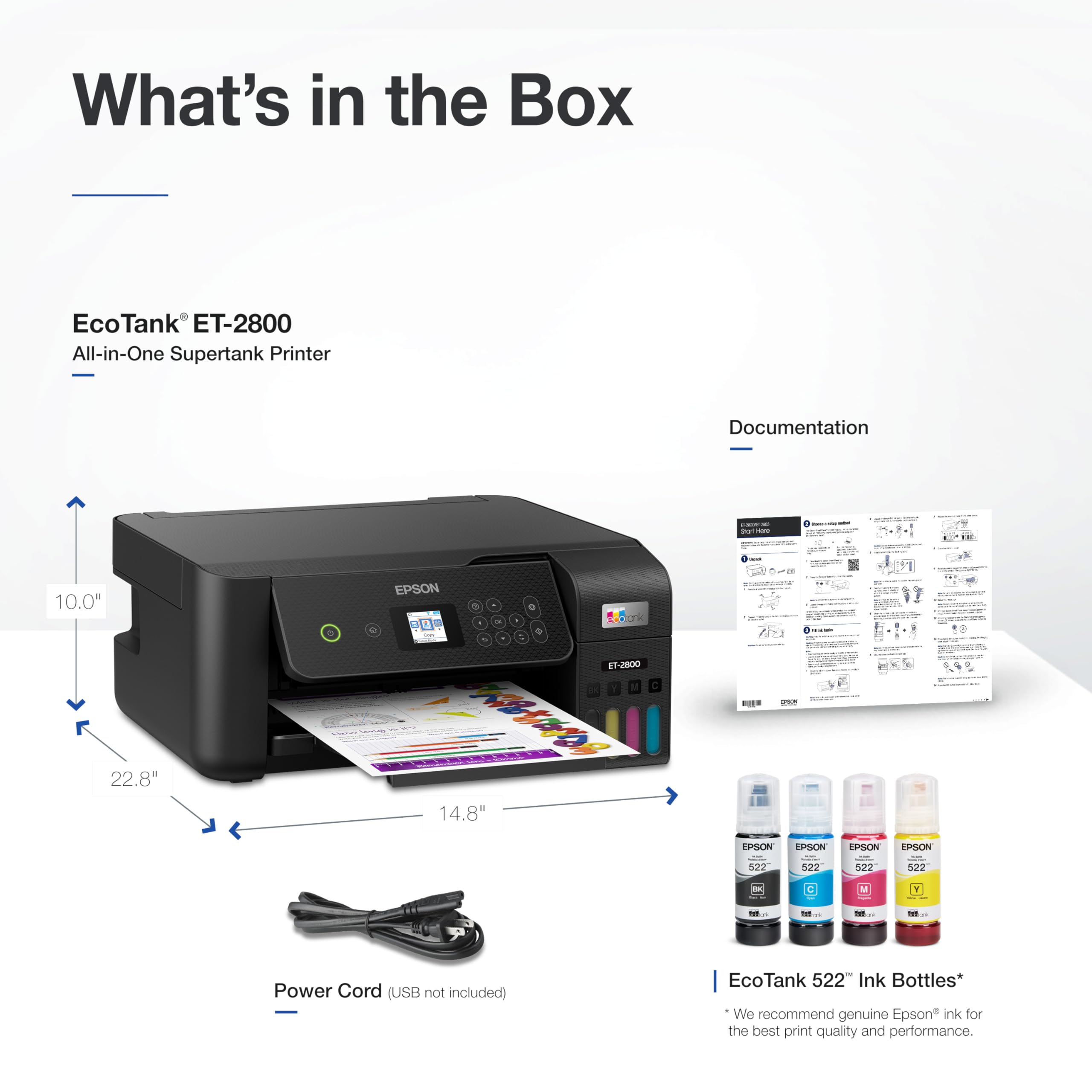 Epson EcoTank ET-2800 Wireless Color All-in-One Cartridge-Free Ink Supertank Printer with Scan and Copy for Home Use, Black