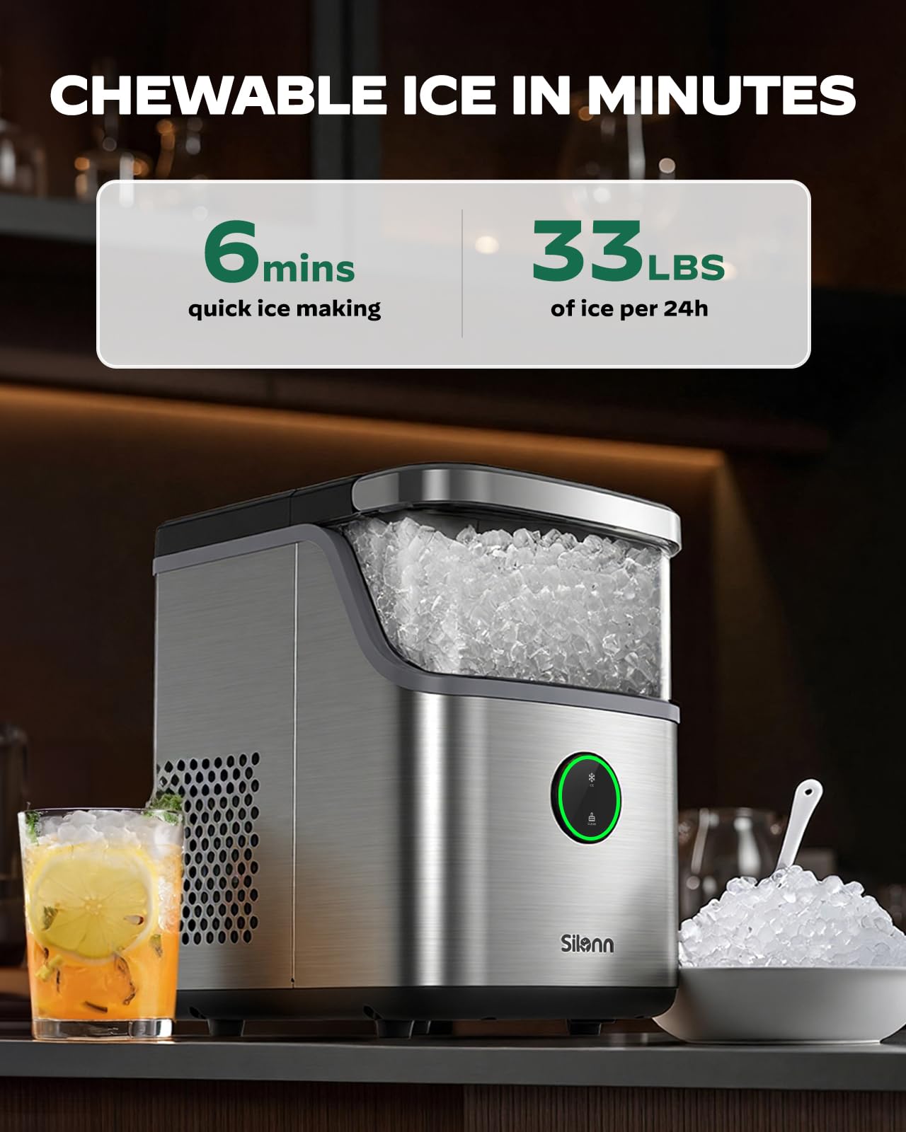 Silonn Ice Maker Countertop, Portable Ice Machine with Carry Handle, Self-Cleaning Ice Makers with Basket and Scoop, 9 Cubes in 6 Mins, 26 lbs per Day, Ideal for Home, Kitchen, Camping, RV