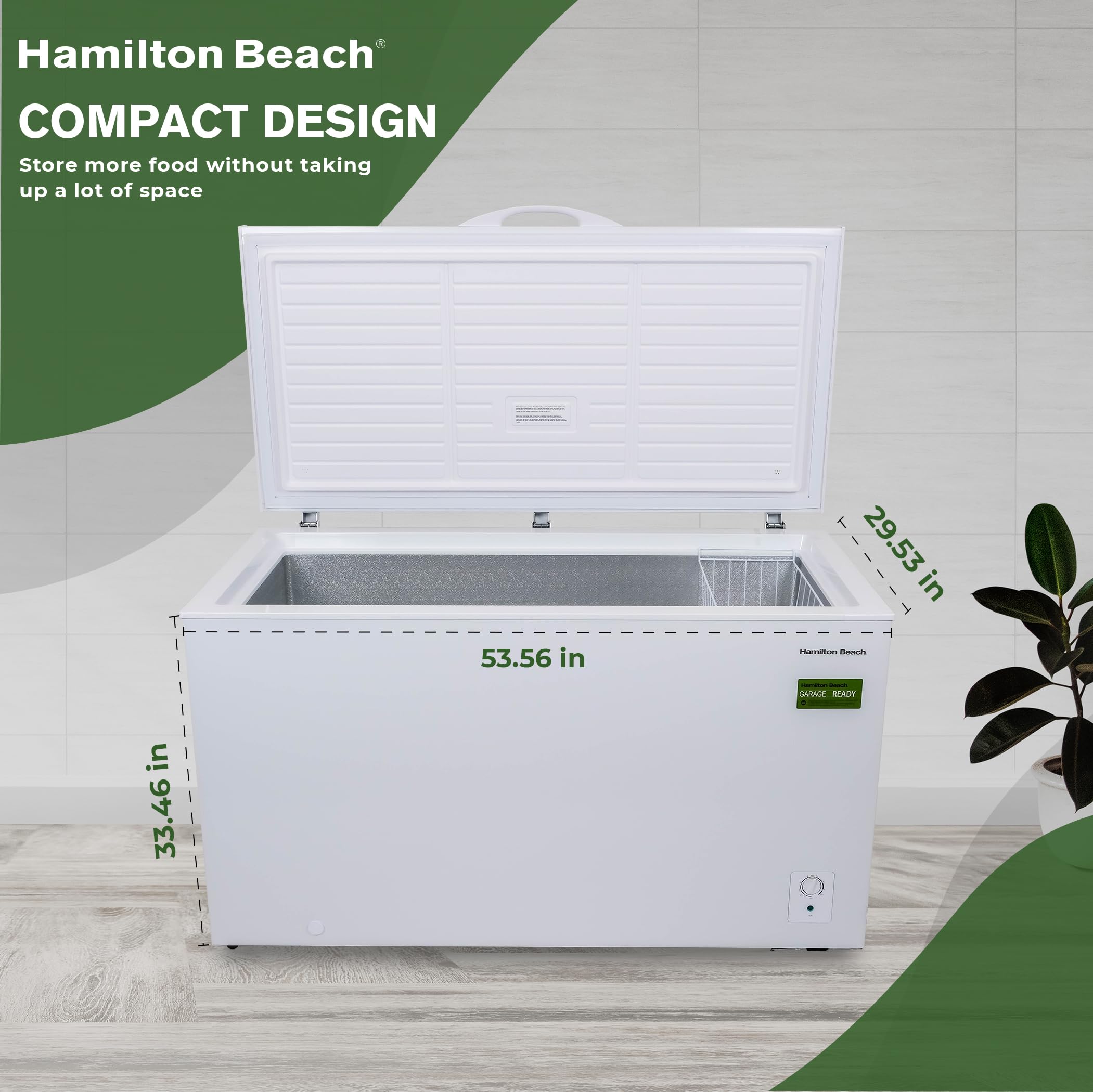 Hamilton Beach HBFRF2129 21 cu ft Double Door LID Garage-Ready Chest Freezer-White, Vinyl-Coated Baskets, Space-Saving Flat Back, Stay-Open, Front-Access Drain, for Storage, Hunting, Large Family