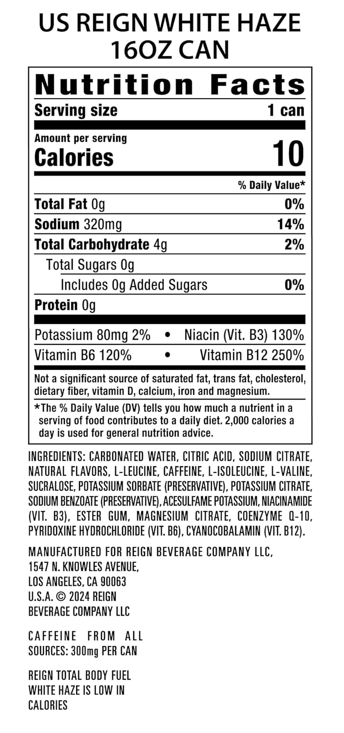 Reign Total Body Fuel, White Haze, Fitness & Performance Drink, 16 Fl Oz (Pack of 12)