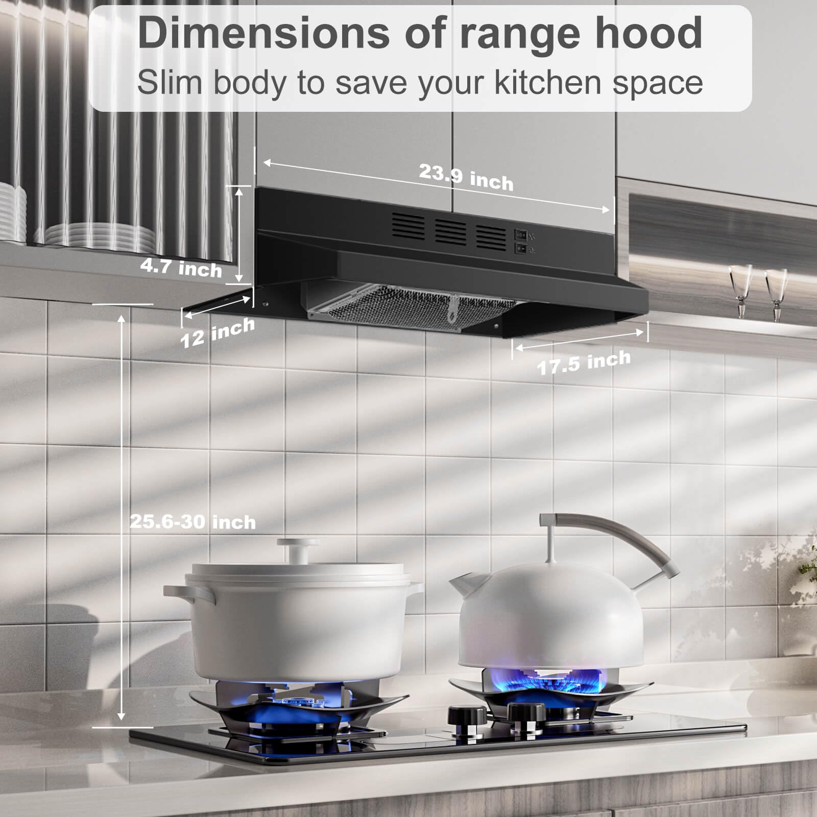 SNDOAS Range Hood 30 inch Under Cabinet, Ducted/Ductless Convertible Kitchen Hood, Stainless Steel Vent Hood with LED Light,Under Cabinet Hood with 2 Speed Exhaust Fan,Black