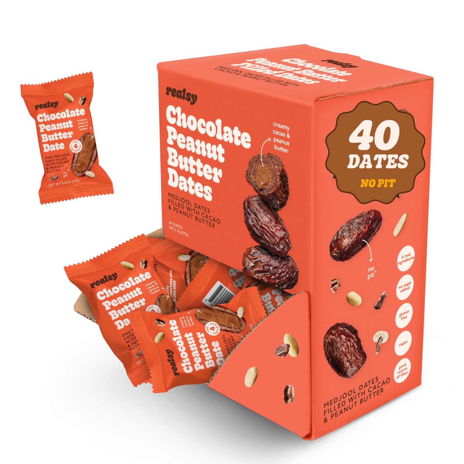 Realsy Stuffed Medjool Dates, Organic Dates with No Sugar Added, Gluten-Free, Vegan, All Natural Healthy Snack, Single Wrapped (40 ct) (Peanut Butter)