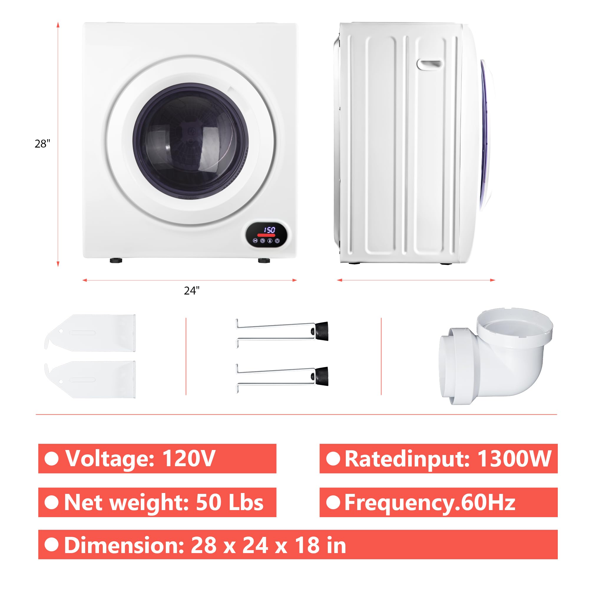 Euhomy Compact Laundry Dryer, 3.5 cu ft Front Load Stainless Steel Clothes Dryers With Exhaust Pipe, 1500W, LCD Control Panel Four-Function Portable Dryer For Apartments, Home, Dorm, White