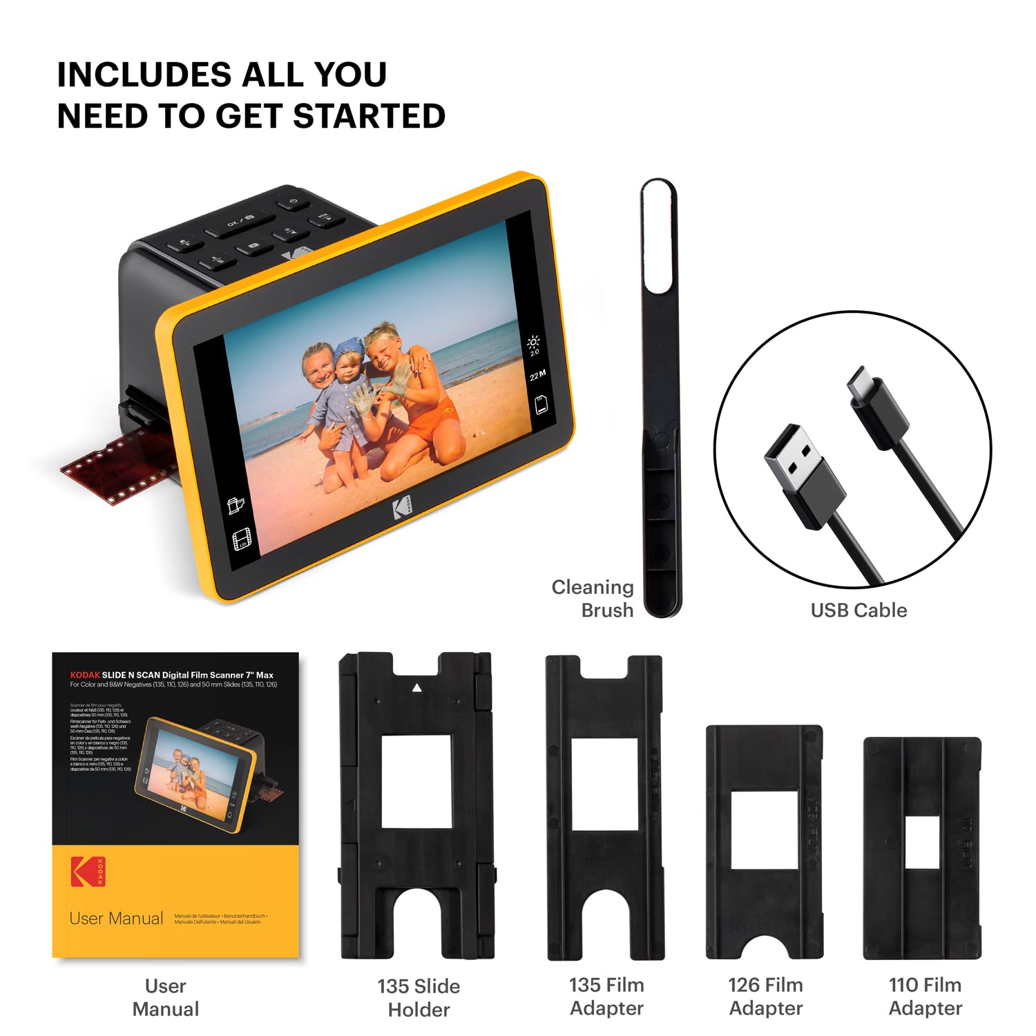 KODAK Slide N Scan Max Digital Film Scanner - Black/Yellow - Tiltable 7-Inch LCD with Gallery Mode & Photo Scanner Preview - Quick-Feed Tray for Slide Digitizer