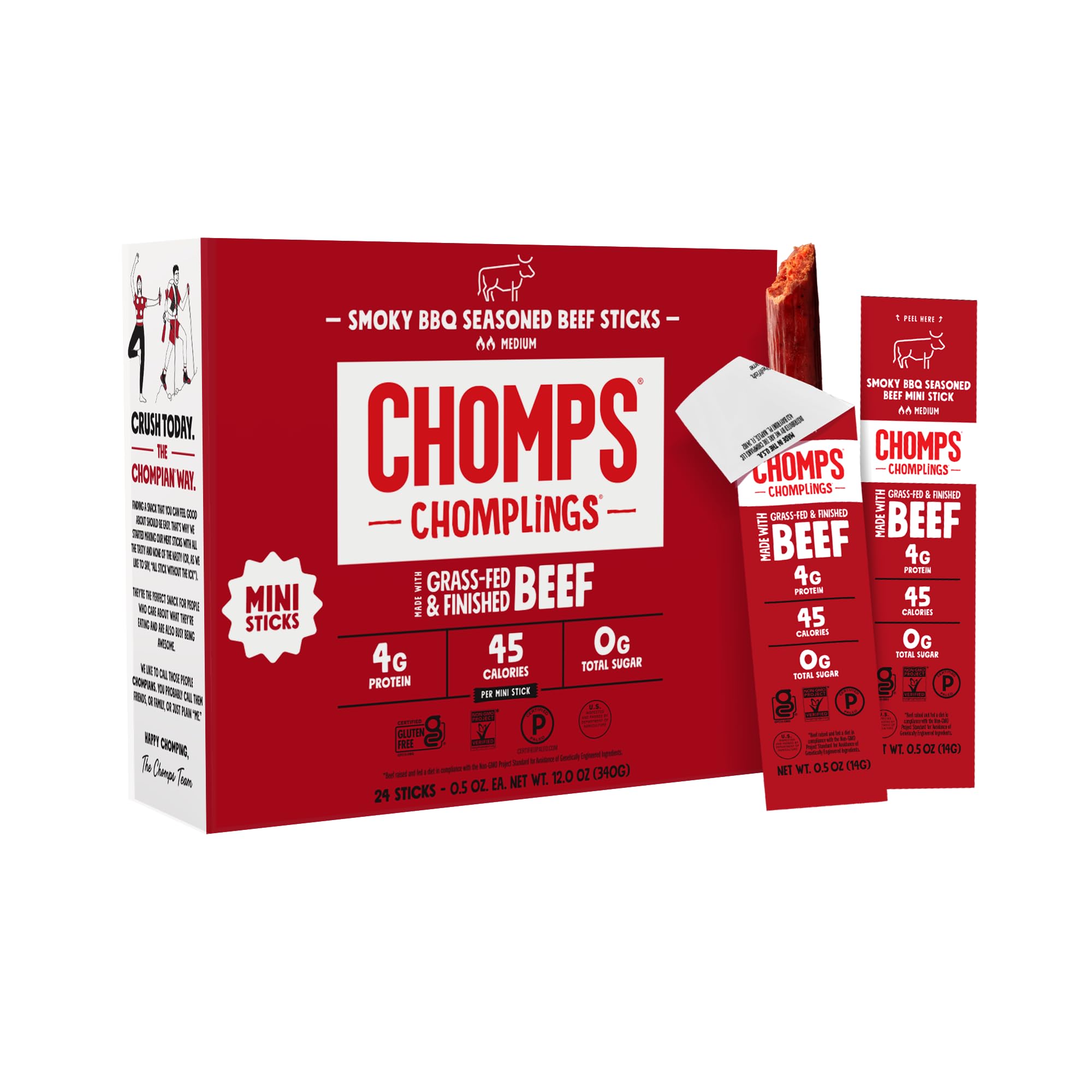 Chomps Snack Size Grass-Fed Original Beef Jerky Snack Sticks 0.5oz 24-Pack - Keto, Paleo, Whole30, 4g Lean Meat Protein, Gluten-Free, Zero Sugar Food, Non-GMO Chomplings