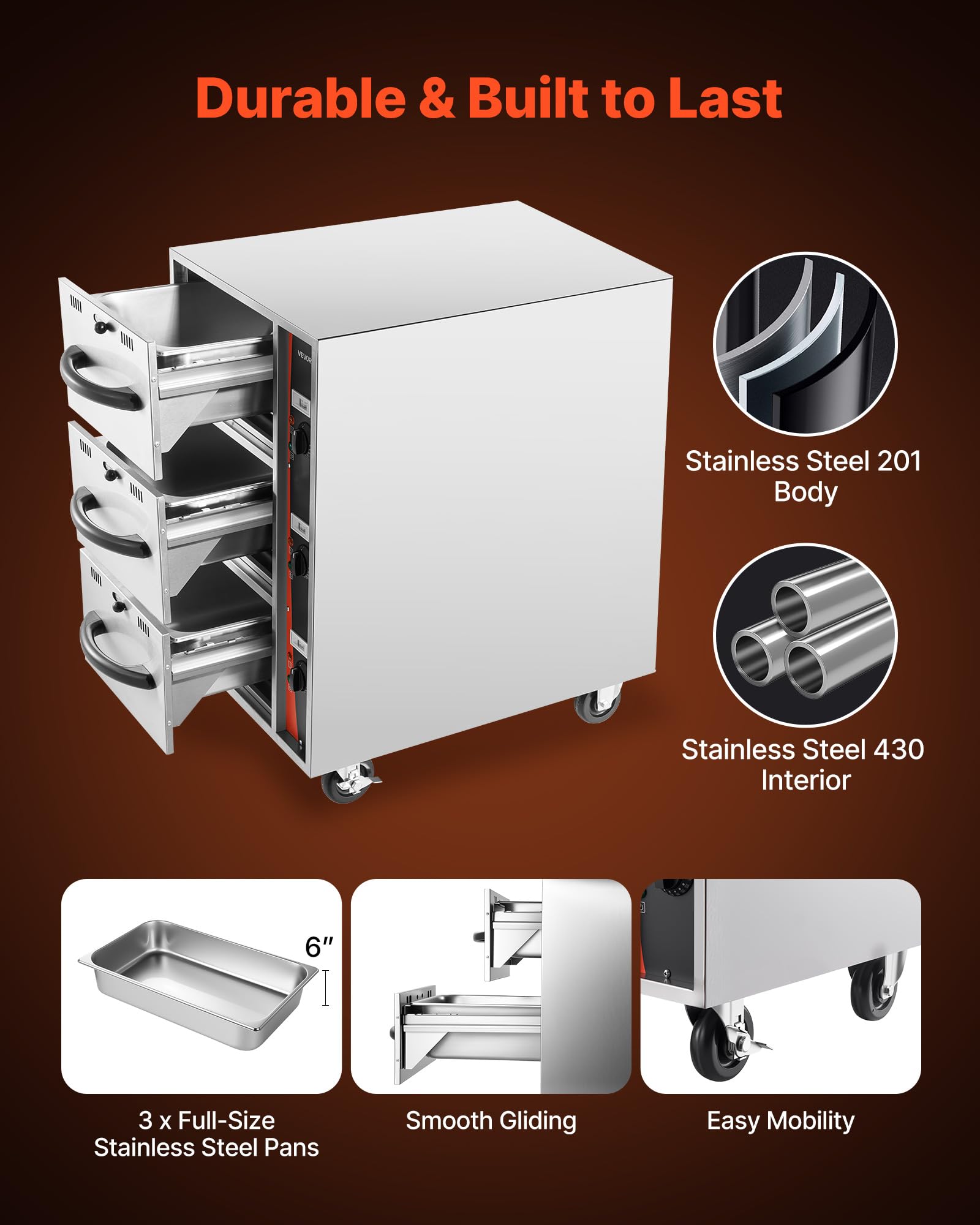 VEVOR Commercial Electric Drawer Warmer, Single-Drawer Stainless Steel Food Warmer, Freestanding Slim Warming Drawer Cabinet, 85°F–185°F Wide Temperature Range, for Restaurant, Hotel, Bakery & Kitchen