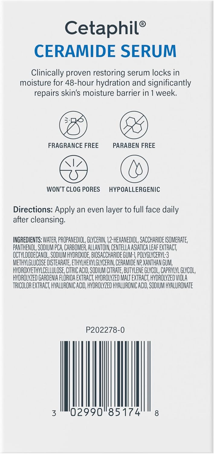 Cetaphil Ceramide Serum, Hydrates and Restores Skin Barrier, Formulated with Ceramides & Centella Asiatica, Designed for Sensitive Skin, Fragrance Free, Dermatologist Tested, 1oz