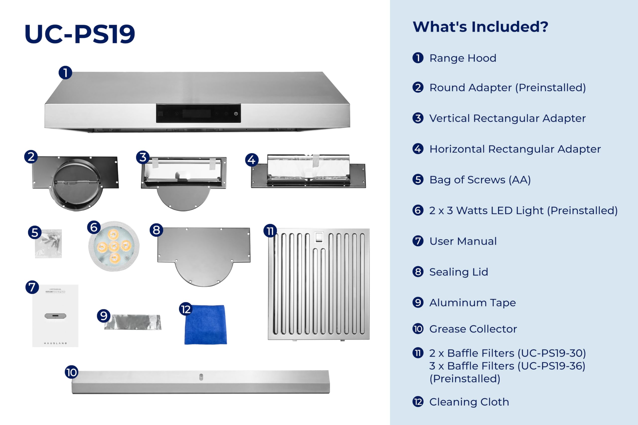 Hauslane Range Hood 30 Inch - Ducted Under Cabinet Range Hood 30" Stainless Steel Kitchen Hood, 6 Speed Vent Hood 30 Inches, Stove Vent Hood for Kitchen, Vent Hoods 30 Inch with LED - Chef Series PS18