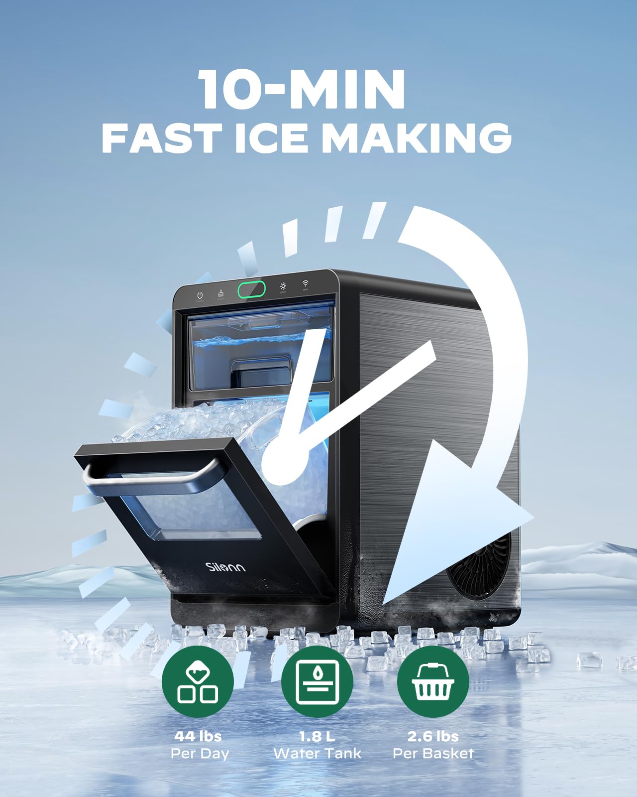 Silonn Ice Maker Countertop, Portable Ice Machine with Carry Handle, Self-Cleaning Ice Makers with Basket and Scoop, 9 Cubes in 6 Mins, 26 lbs per Day, Ideal for Home, Kitchen, Camping, RV