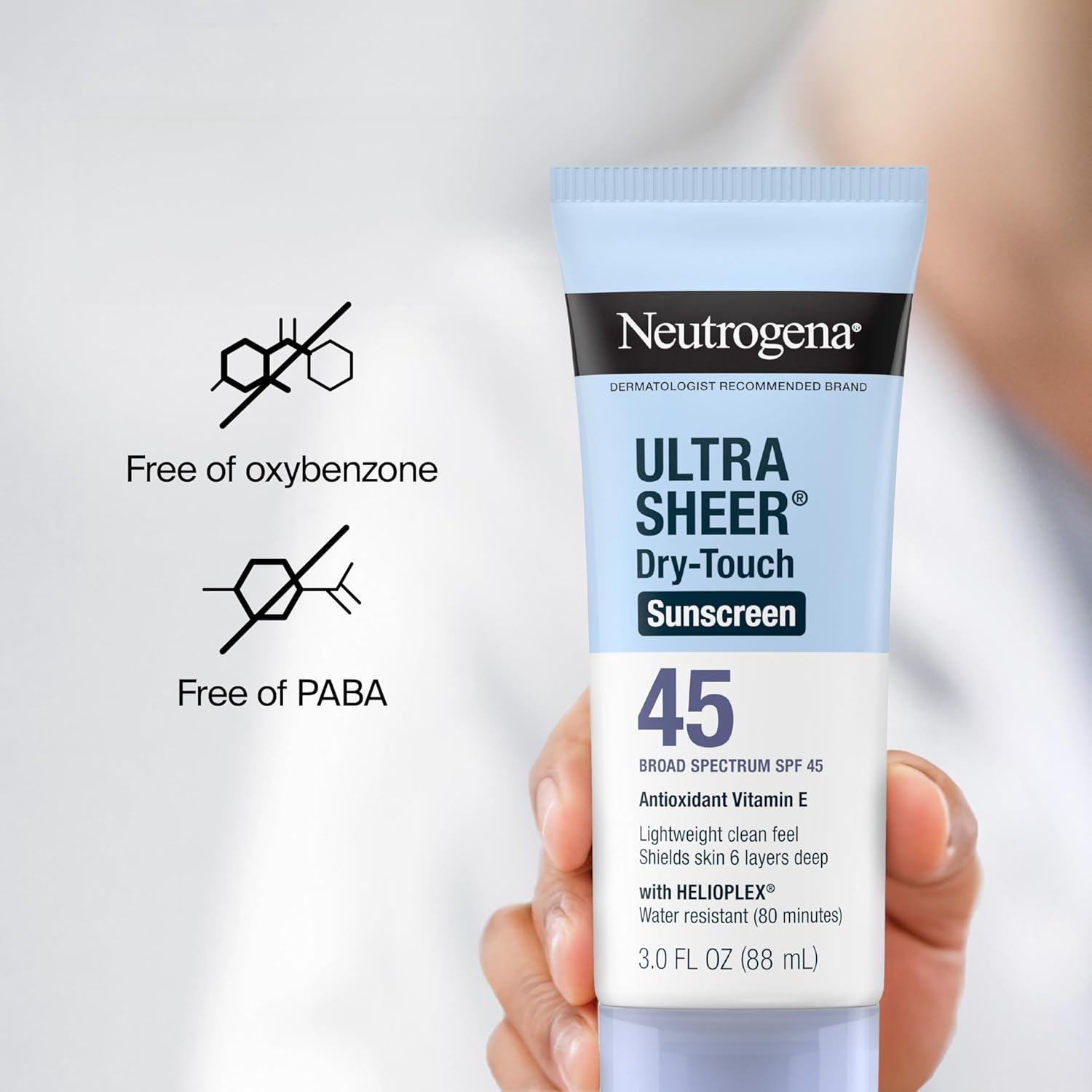 Neutrogena Ultra Sheer Dry-Touch Sunscreen Lotion, Broad Spectrum SPF 55 UVA/UVB Protection, Oxybenzone-Free, Light, Water Resistant, Non-Comedogenic & Non-Greasy, Travel Size, 3 fl. oz