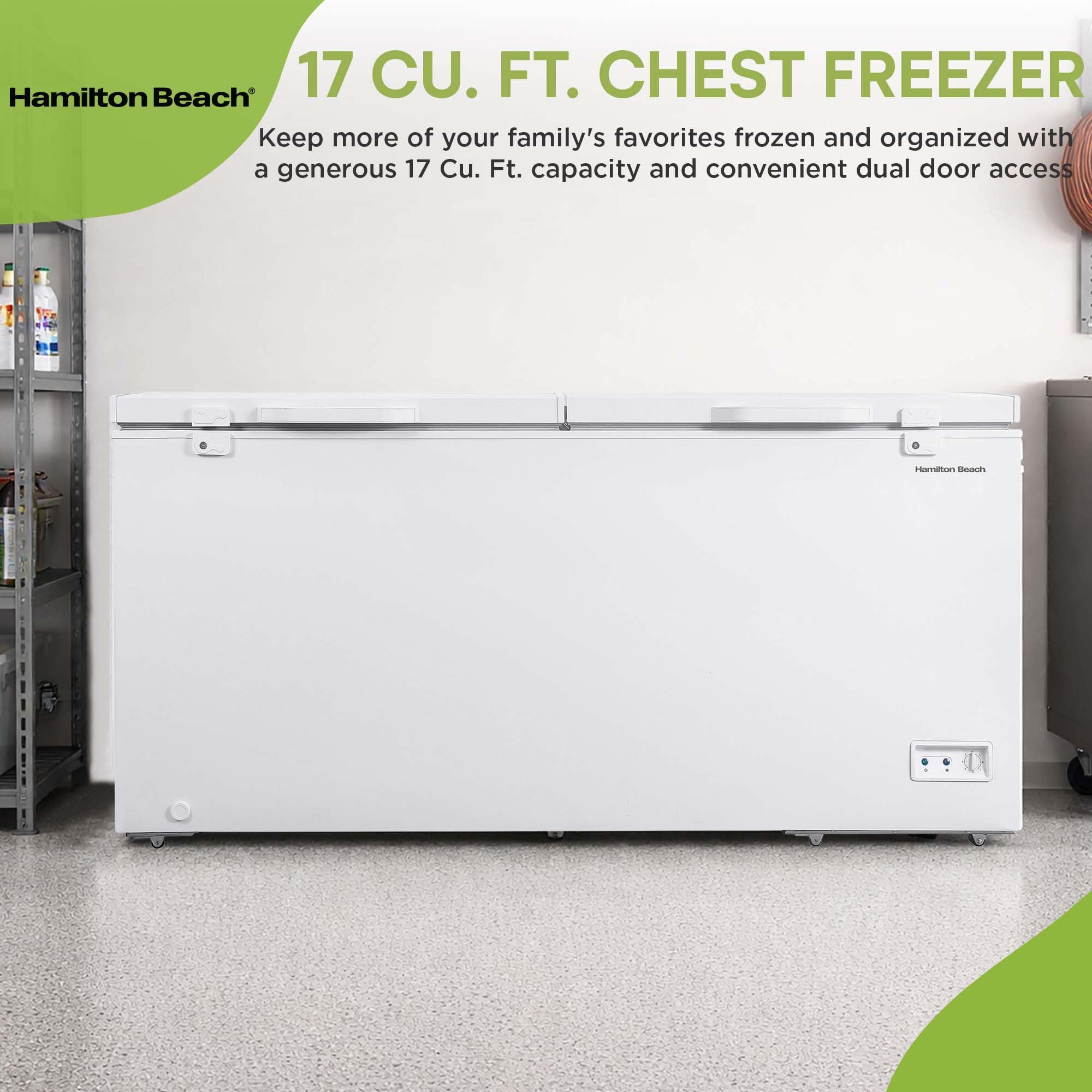 Hamilton Beach HBFRF2129 21 cu ft Double Door LID Garage-Ready Chest Freezer-White, Vinyl-Coated Baskets, Space-Saving Flat Back, Stay-Open, Front-Access Drain, for Storage, Hunting, Large Family