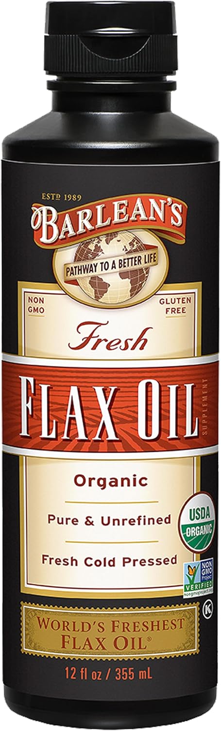 Barlean's Organic Flaxseed Oil Liquid from Fresh Cold Pressed Flax Seeds, 7,640mg ALA Omega 3 Fatty Acid Supplement for Healthy Hair and Skin, Vegan and Gluten Free, 16 oz