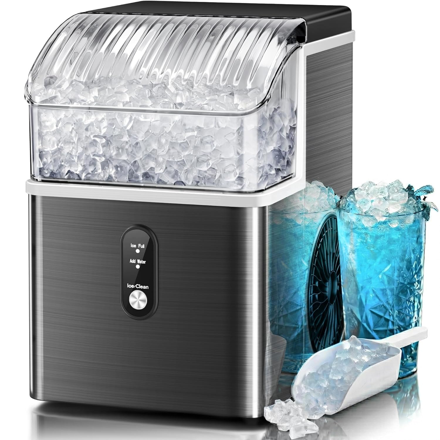 Kismile Nugget Ice Makers Countertop,Portable Ice Machine with Crushed Ice, 35lbs/Day,Self-Cleaning,One-Click Operation for Home Use(Silver)