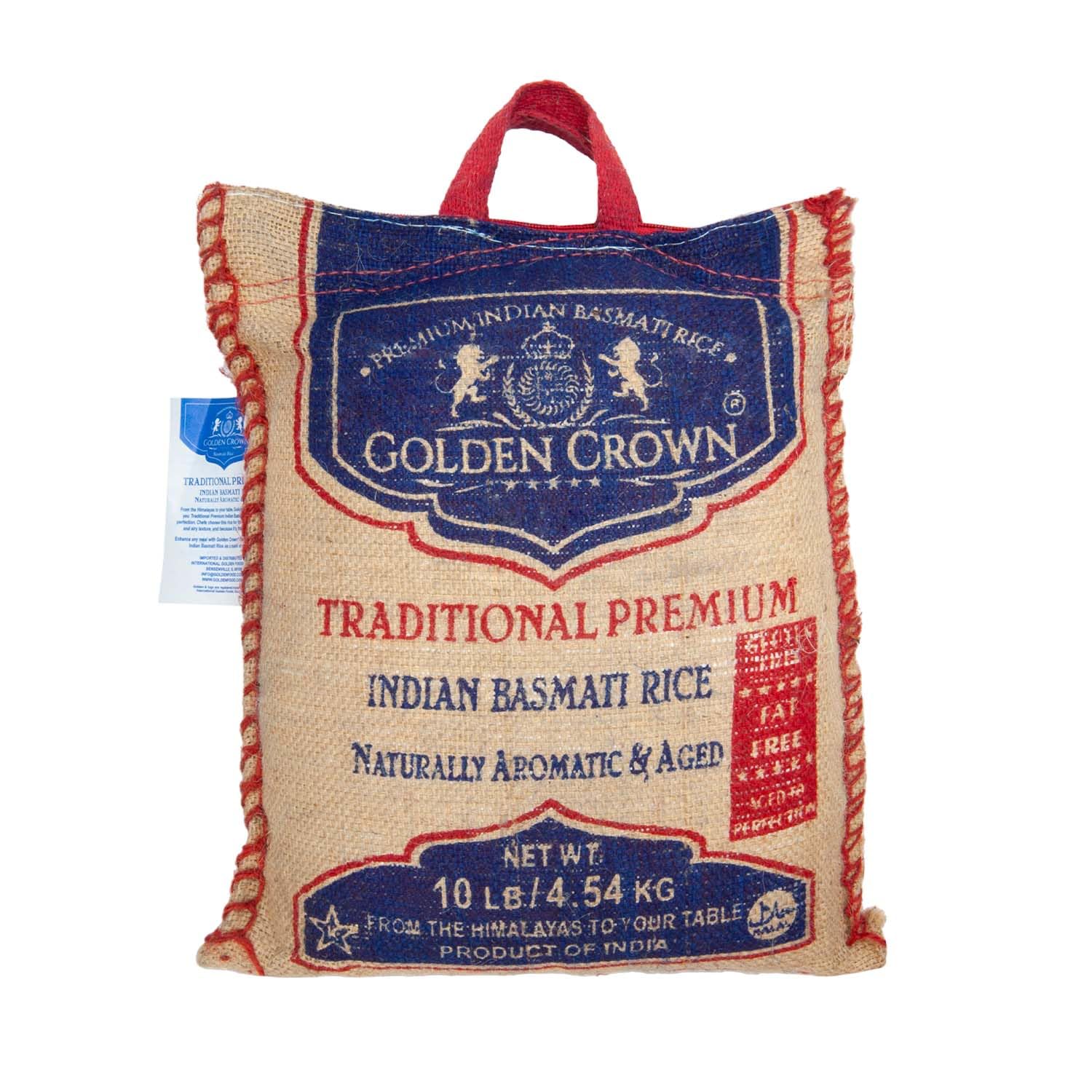 Golden Crown Traditional Premium Basmati Rice - 160 oz (10LB) | Naturally Aromatic & Aged Gluten | Chemical + Fat-Free Extra Long Authentic Fragrant | Fiber Vegan Halal Kosher Whole grains